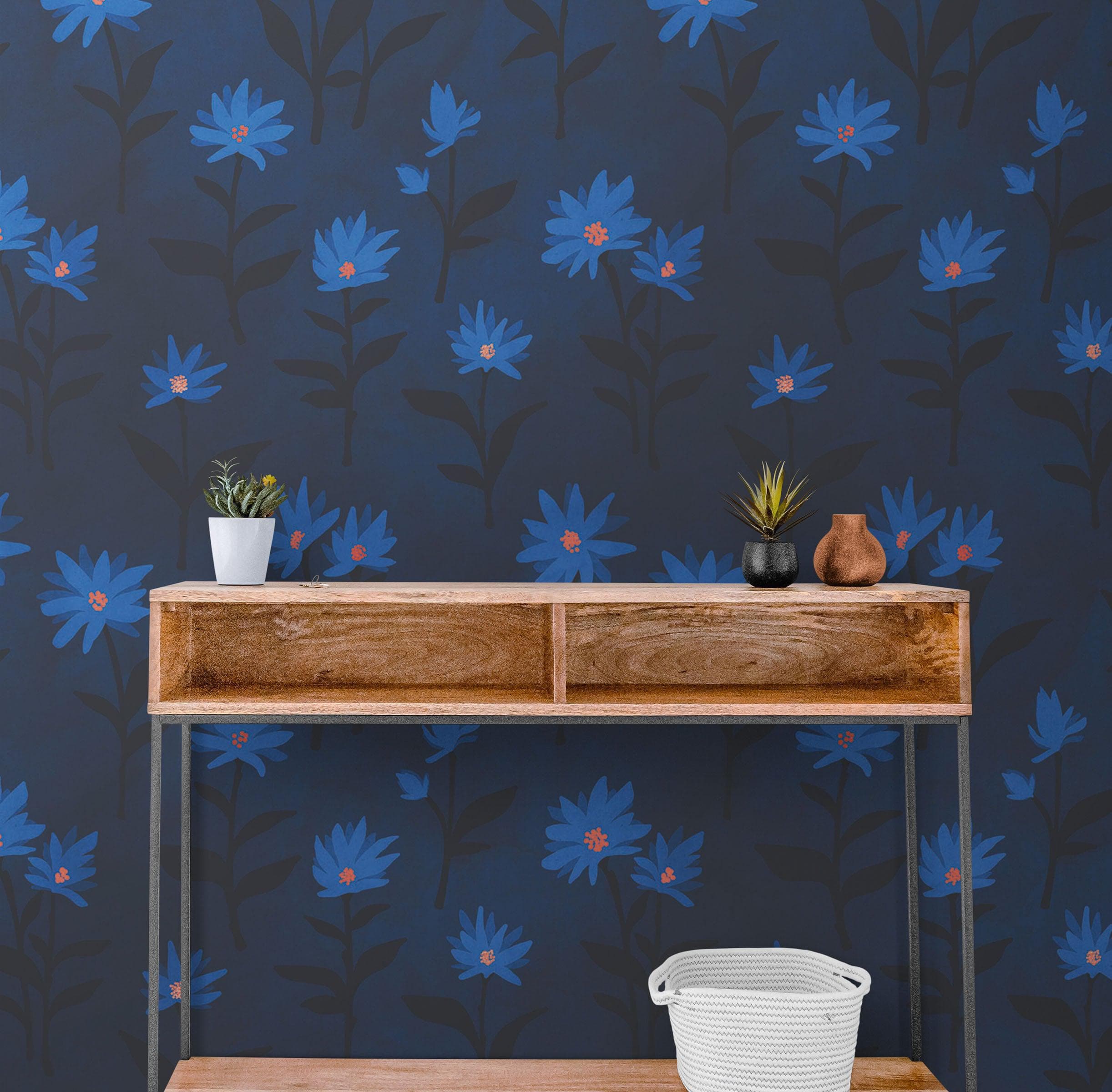 Blue Color Flower Wall Mural Pattern. Dark Navy Blue Background. #6451