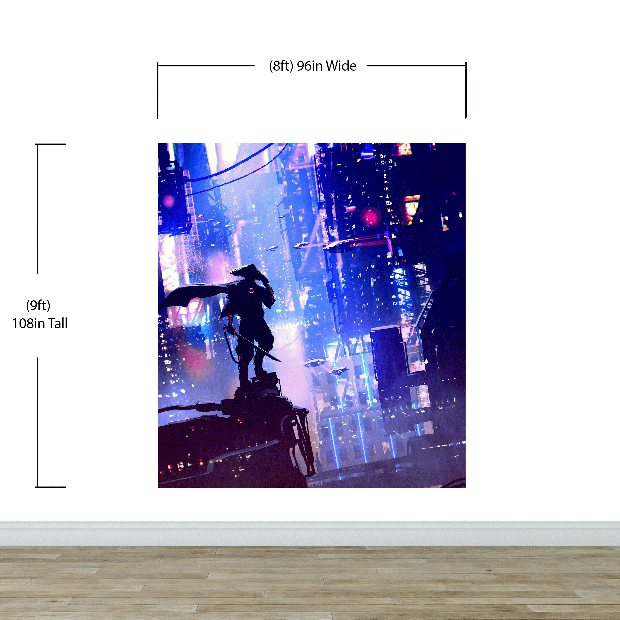Japanese Samurai in Cyberpunk Futuristic City of Japan Wall Mural. #6452