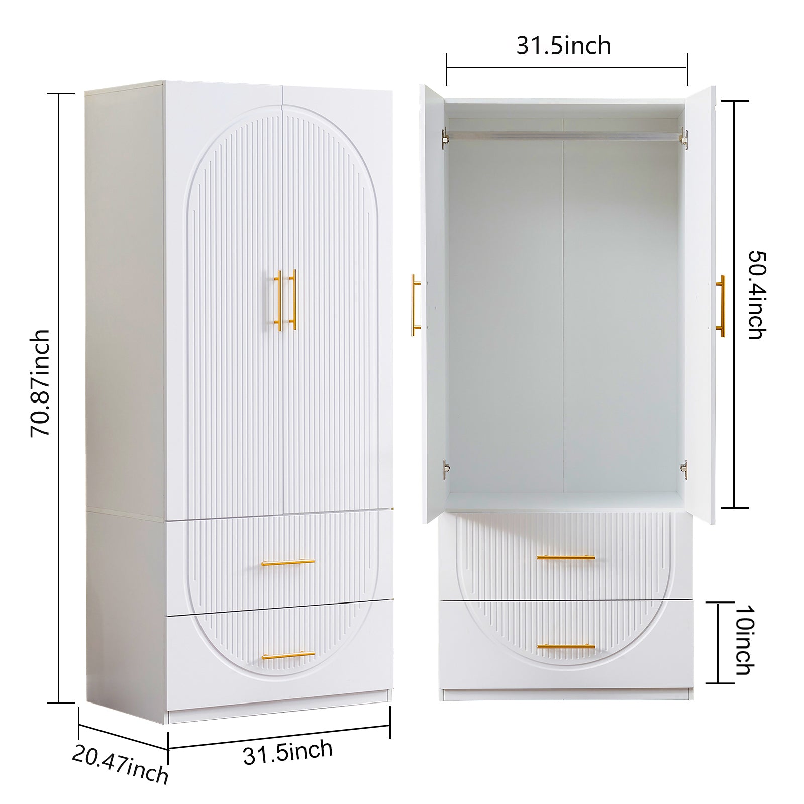 74.2" H White Modern Wooden Armoire Wardrobe – 2 Doors, 2 Drawers Freestanding Closet with Hanging Rod