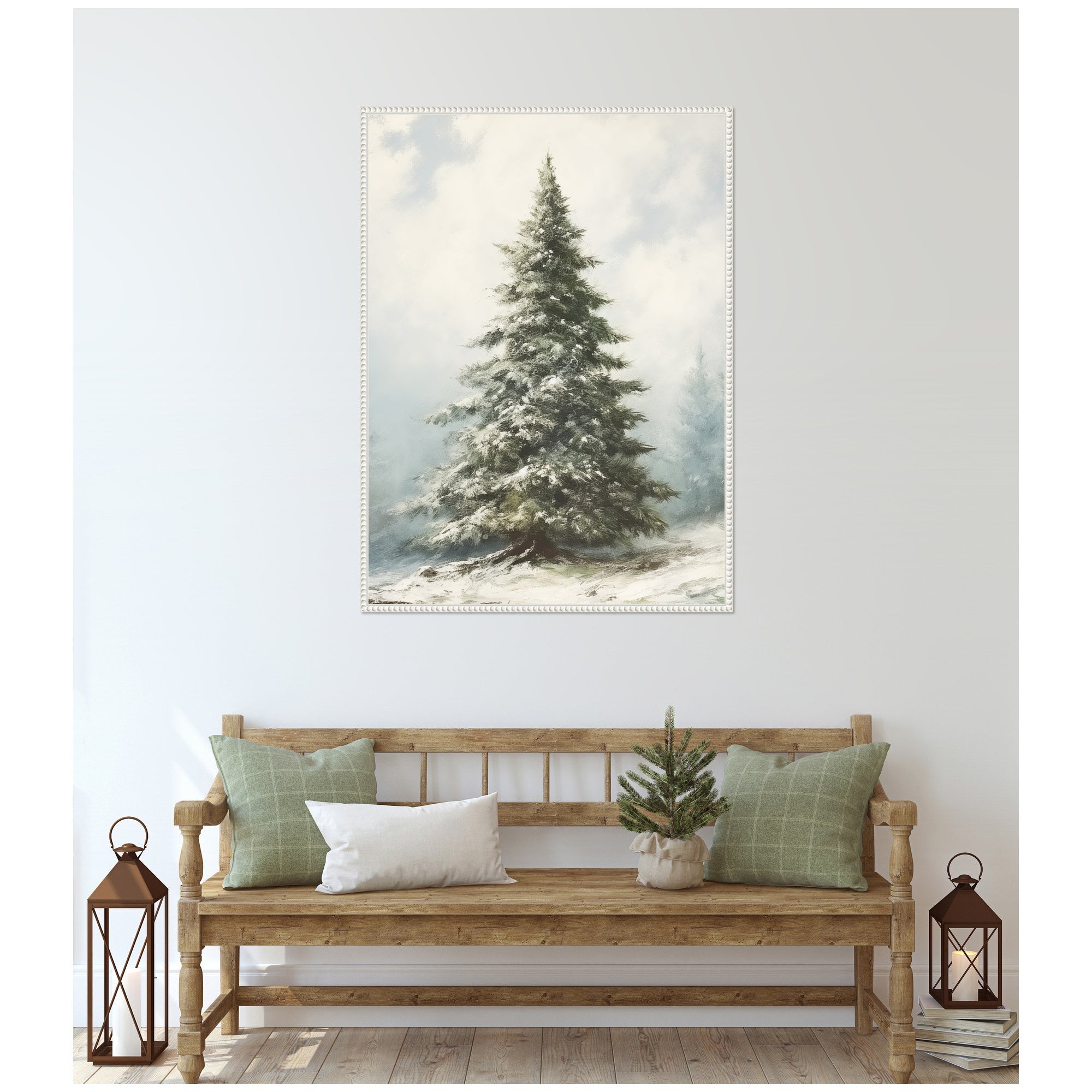 Sylvie Beaded Snow Covered Evergreen Fir Tree Framed Canvas by The Creative Bunch Studio
