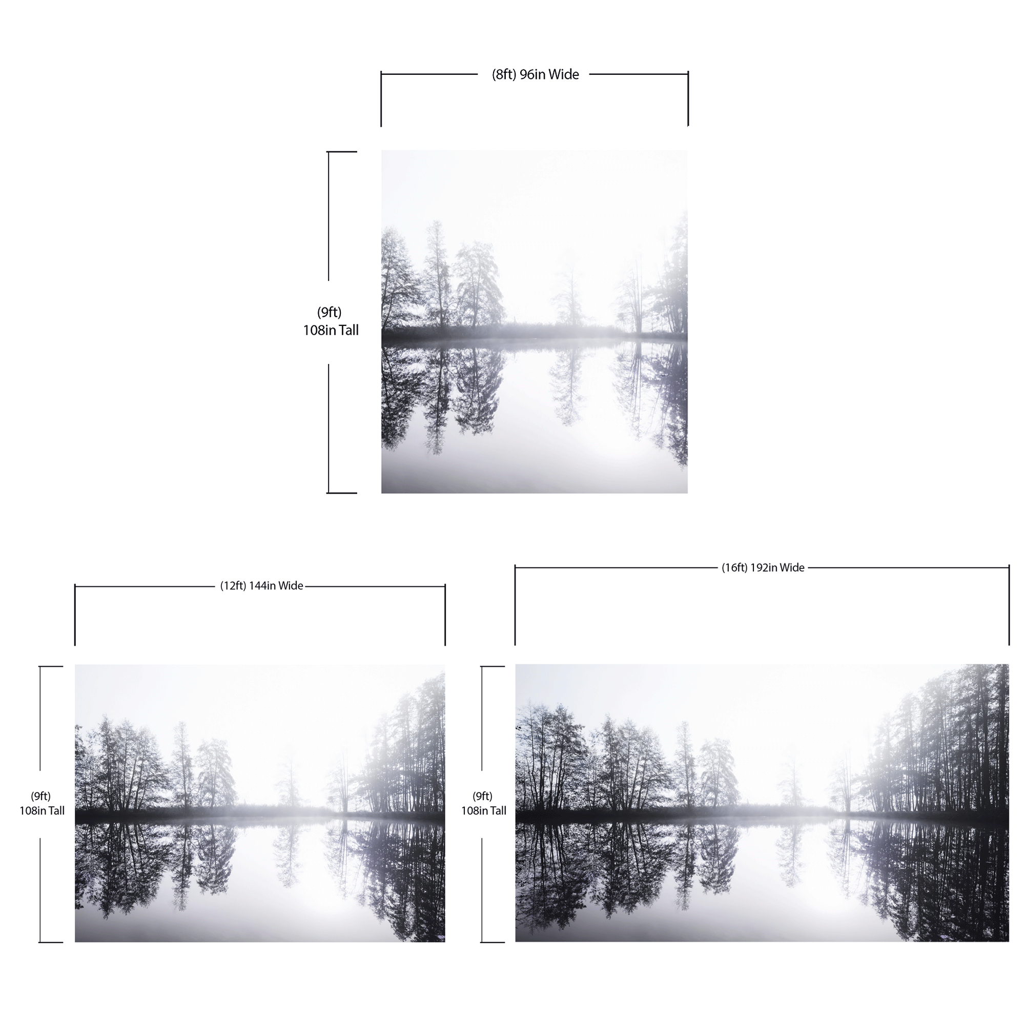 Foggy Woodland Wall Mural. Warm Grey Misty Forest Lakeview Peel and Stick Wallpaper. #6474