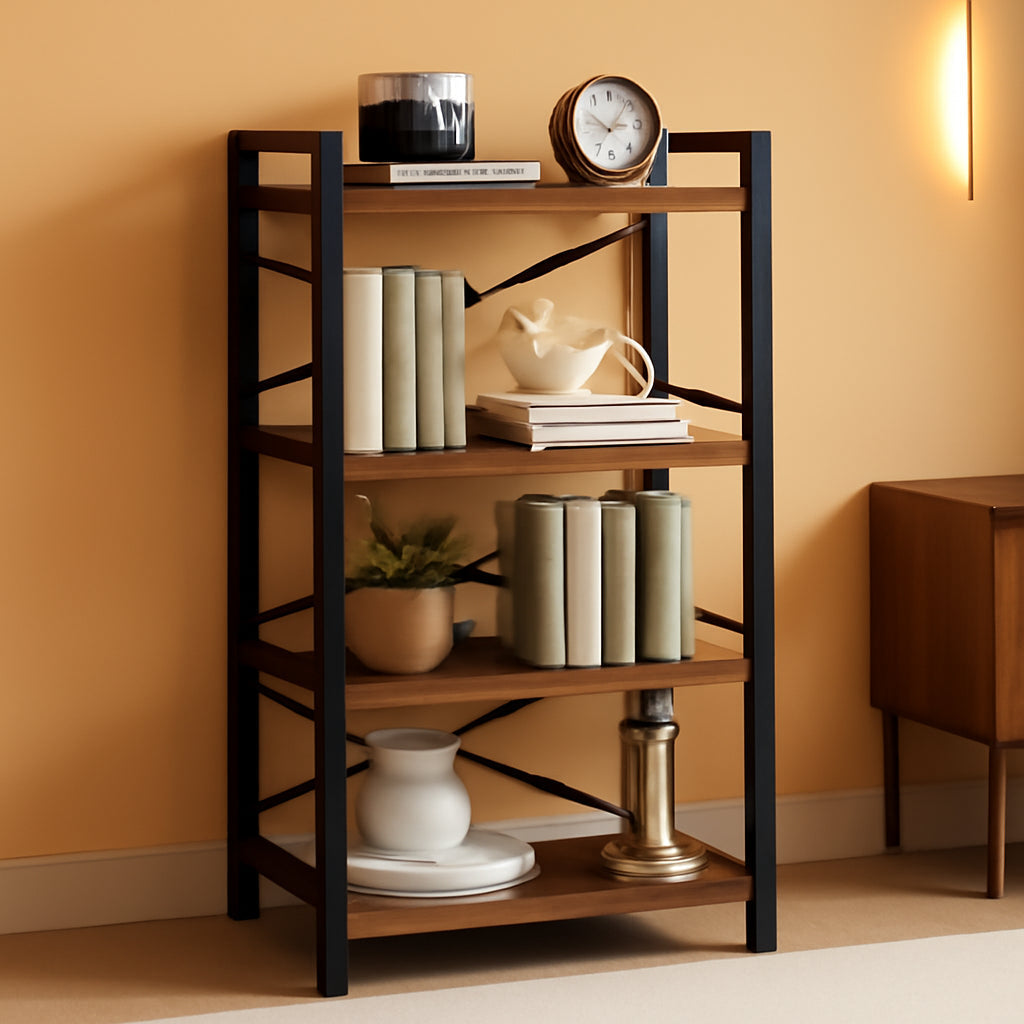 Industrial 4 Tier Narrow Bookcase Berry Brown Space Saving