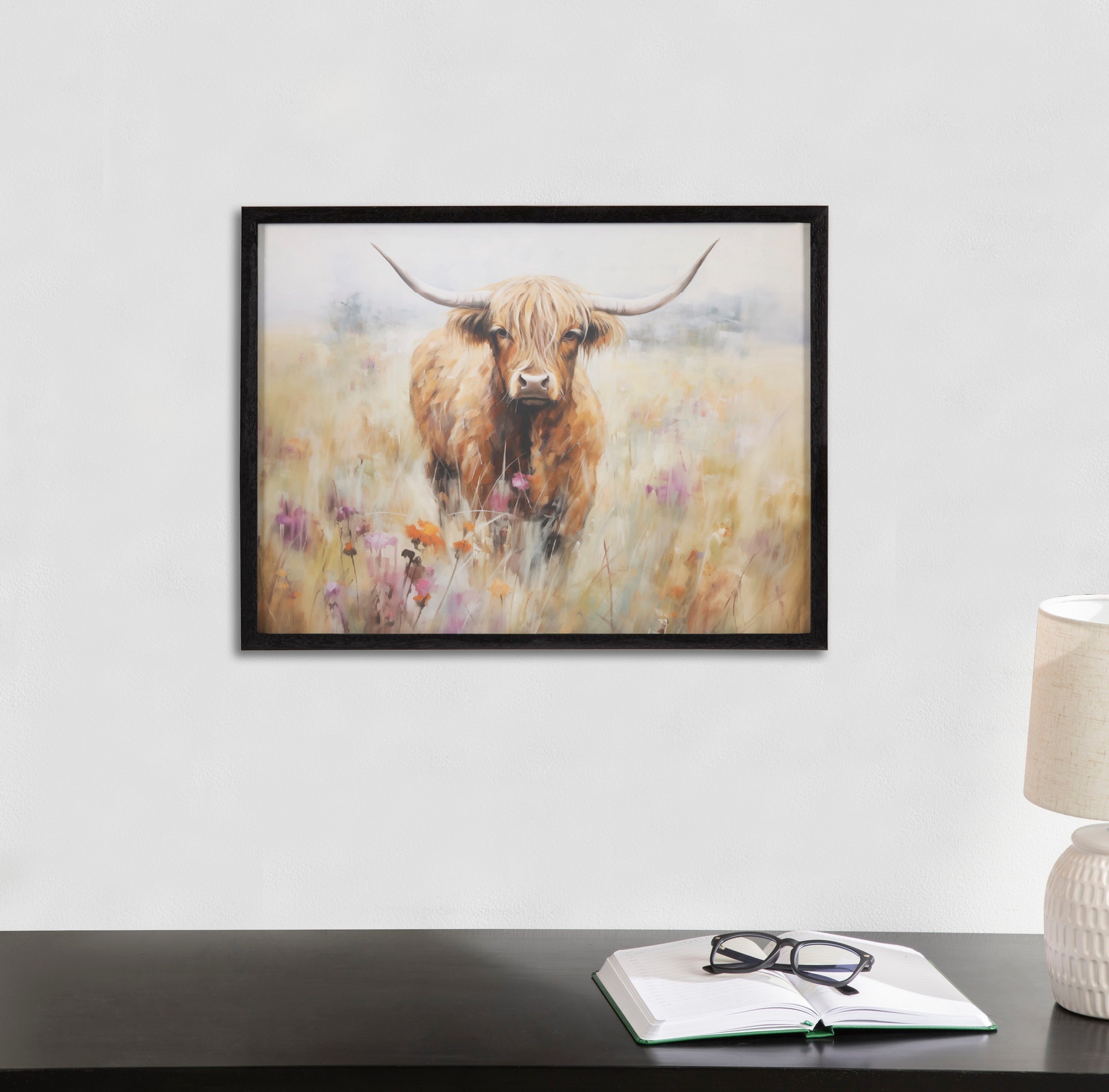 Gallery Highland Cow in a Flower Field Landscape Print by The Creative Bunch Studio