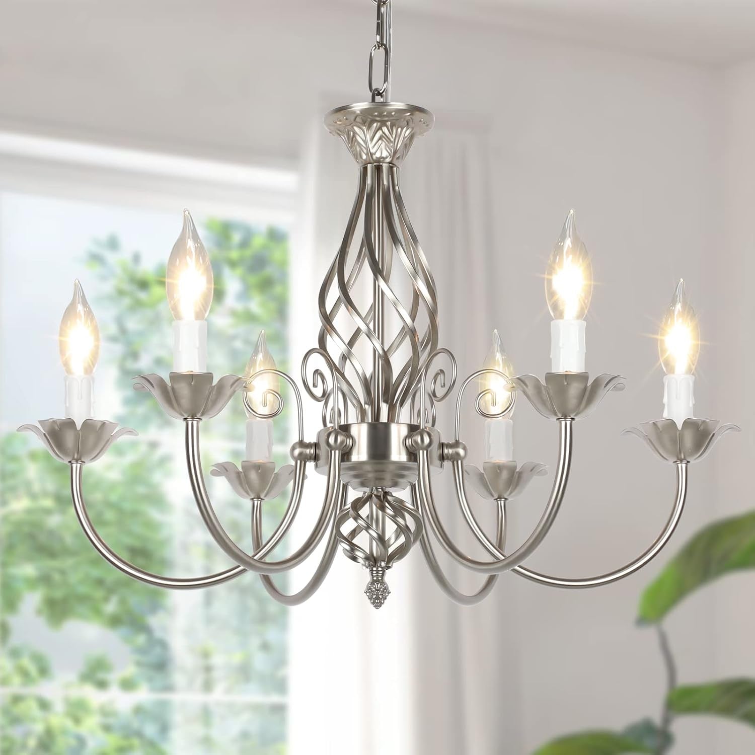 6-Light Rustic Farmhouse Candle Chandelier, Brushed Nickel