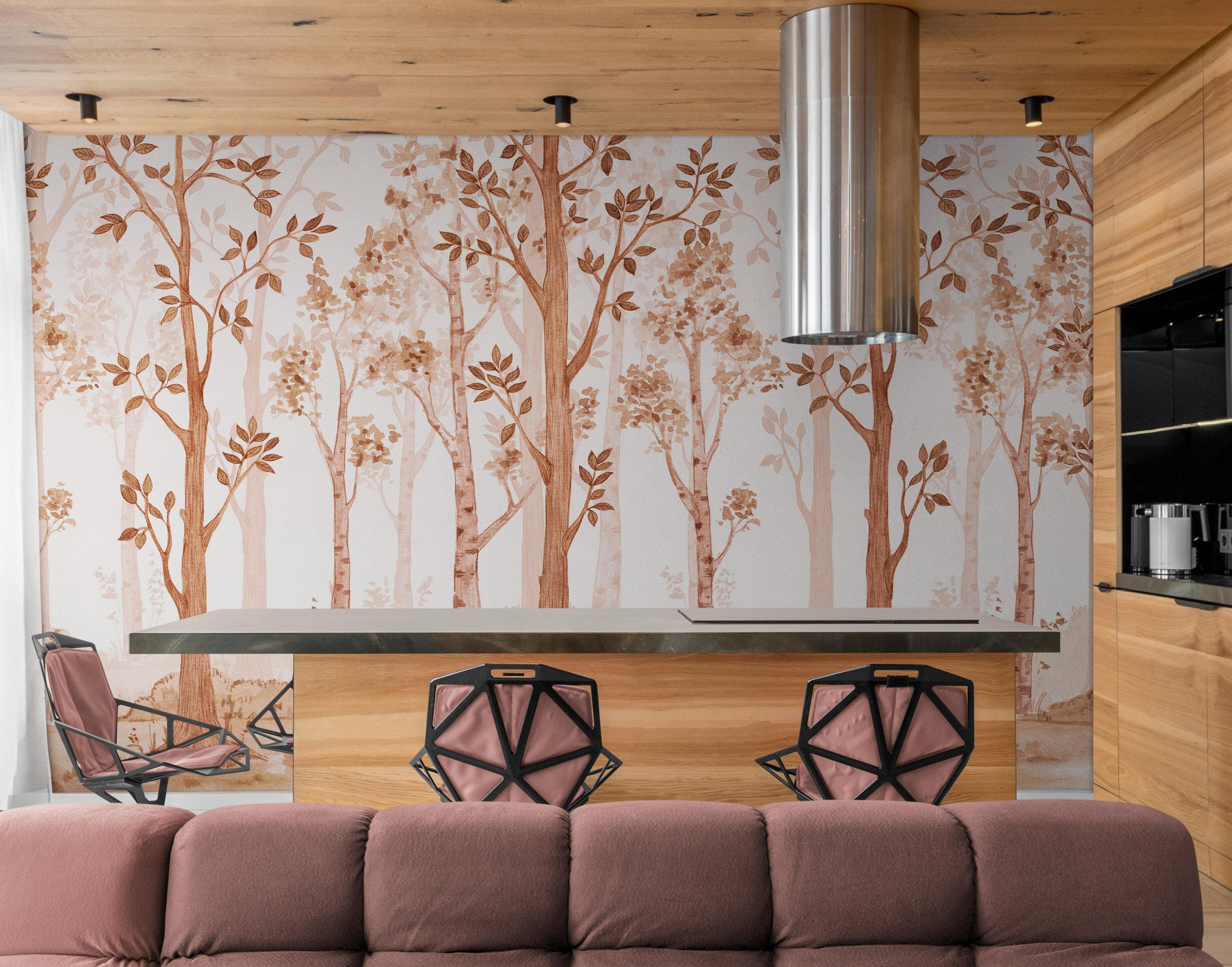 Sepia Tone Nursery Woodland Forest Wallpaper. Watercolor Birch Tree Forest Wall Mural. #6526