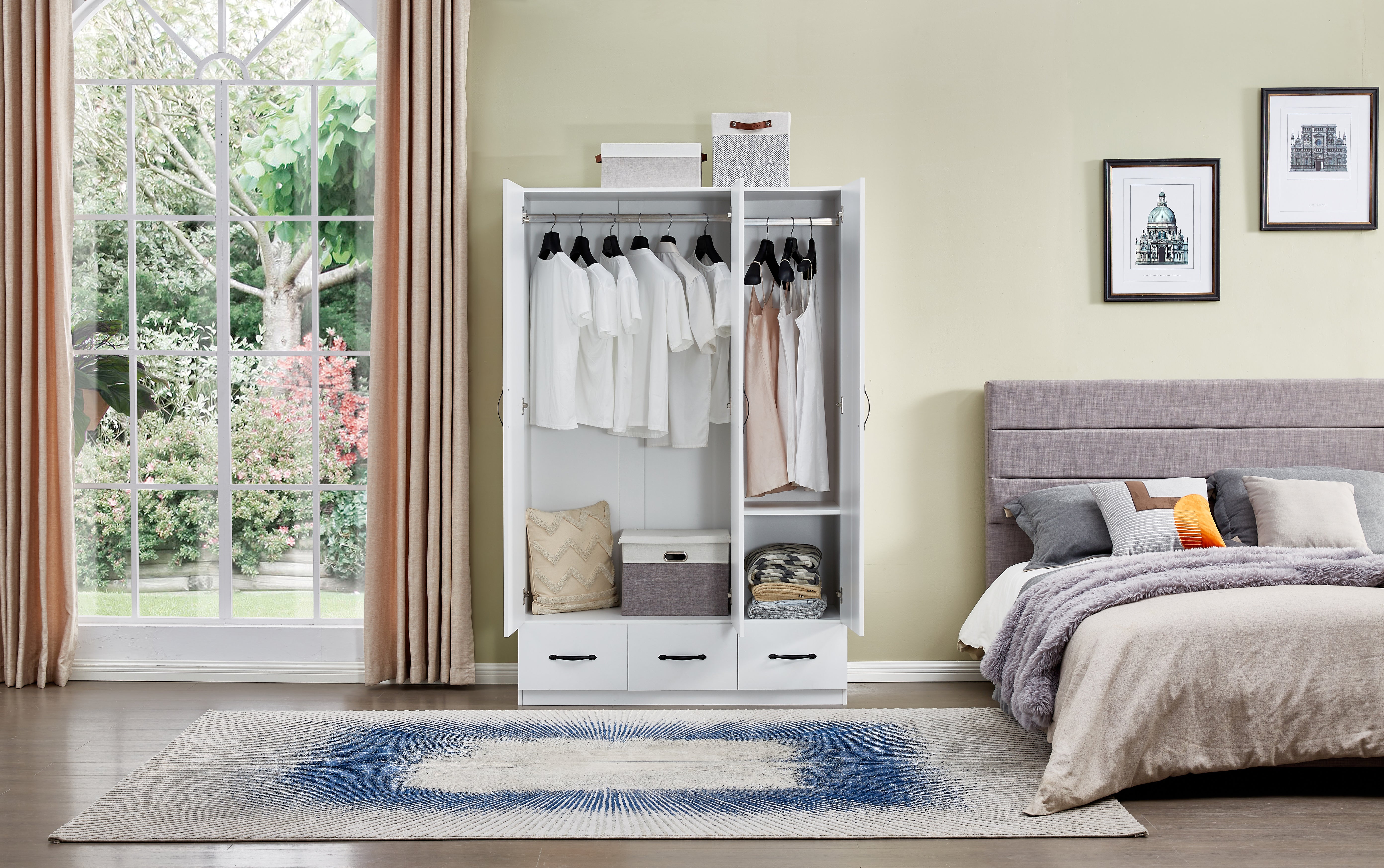 74.2” Tall Mirror Wardrobe Closet by LivelyLodge | 3-Door Freestanding White Wooden Armoire with Hanging Rod & Shelves for Bedroom & Bathroom Storage