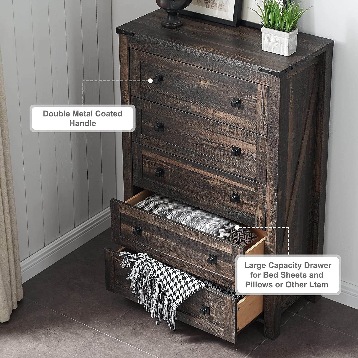 Dark Rustic Oak Five Drawer Dresser Bedroom Storage