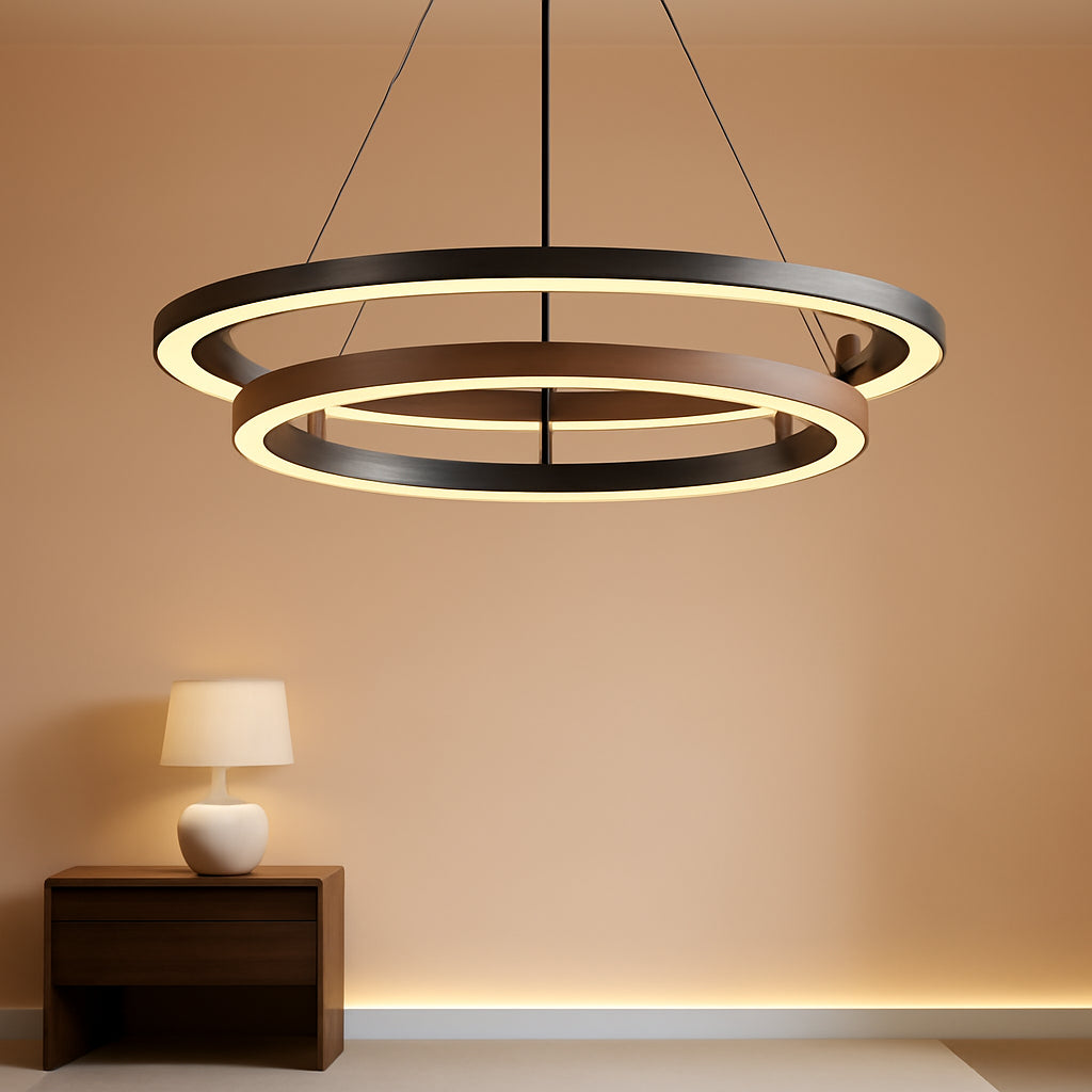 Ultra LED Chandelier Black Wood Three Ring Dimmable-0