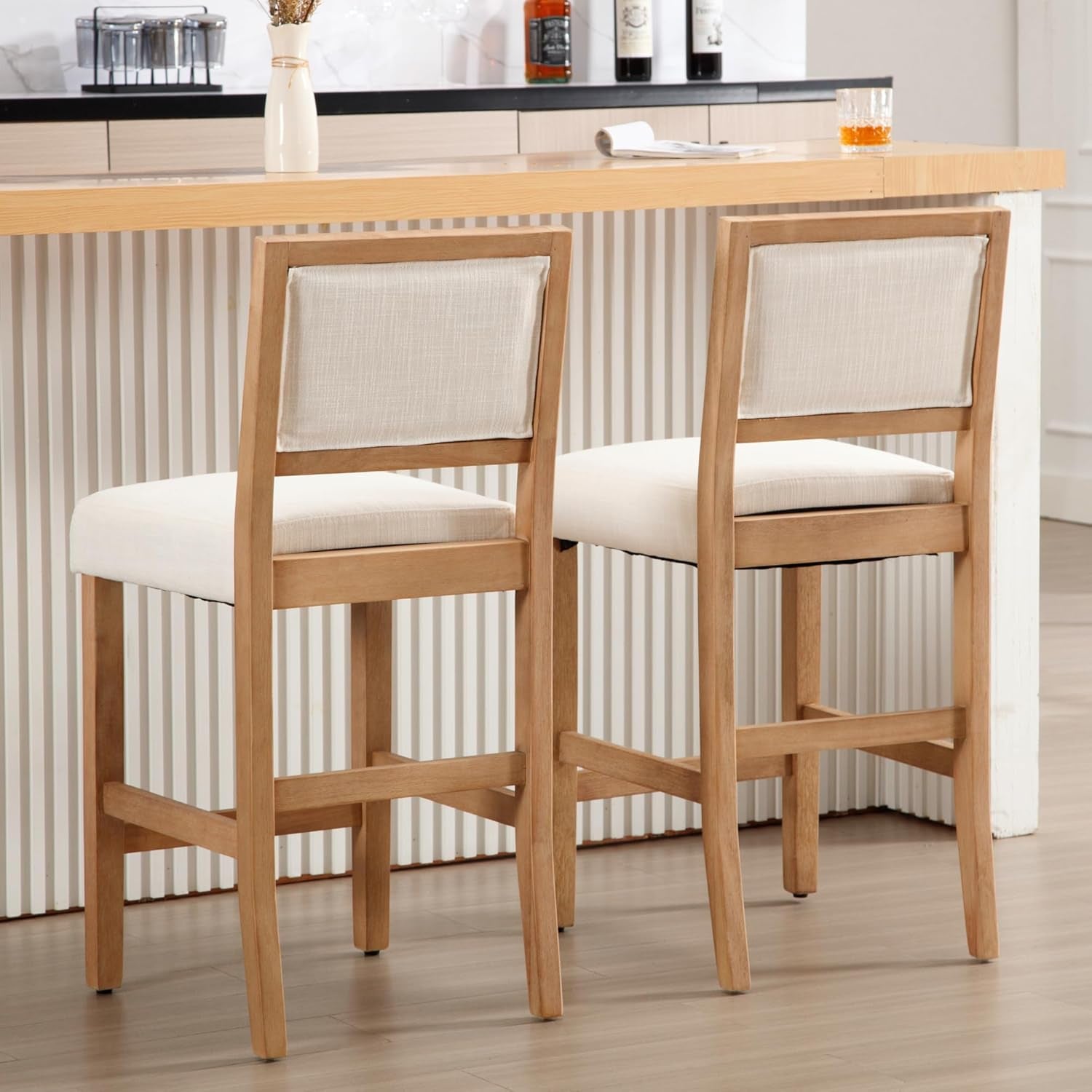 Beige Bar Stools Set Of 2 26 Inch Counter Height Backrest