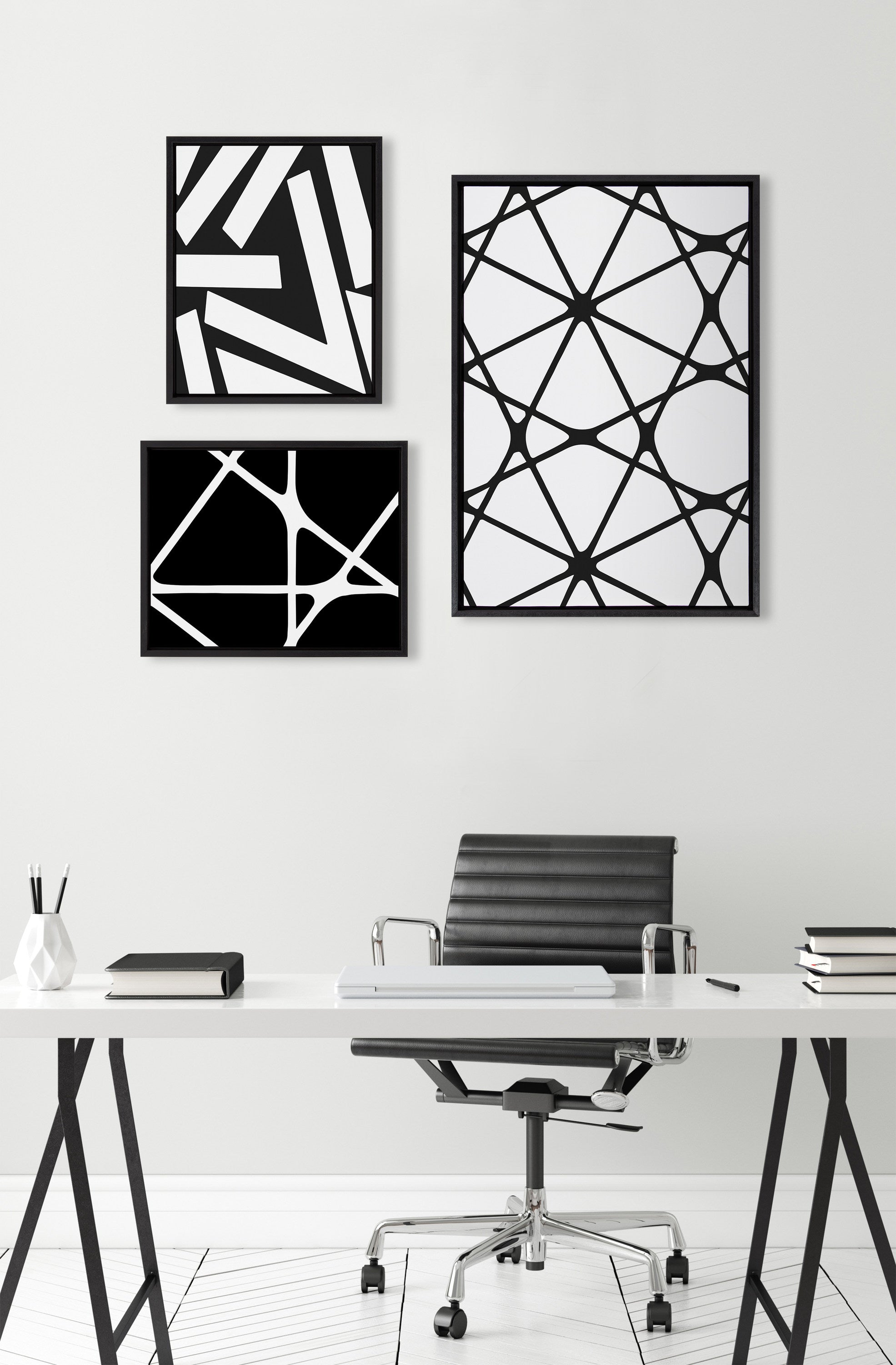 Sylvie Elevated Modern Black and White Minimalist Pattern No 1, 2 and 3 Framed Canvas by The Creative Bunch Studio