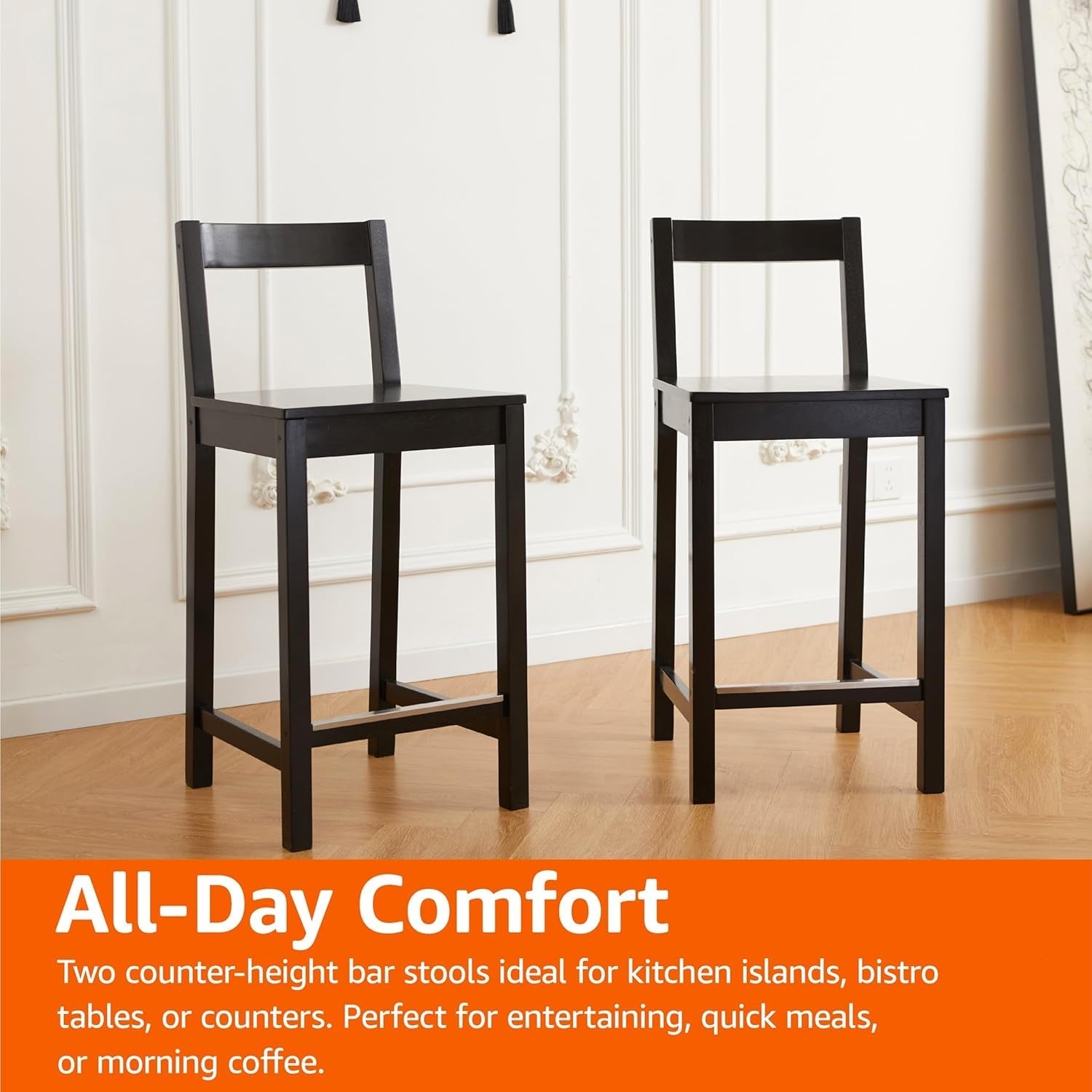 Black Wooden Bar Stools With Backrests Counter Height Set Of 2