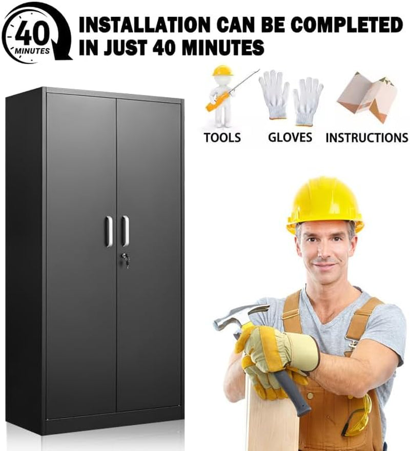 Black Metal Storage Cabinet With Locking Adjustable Shelves