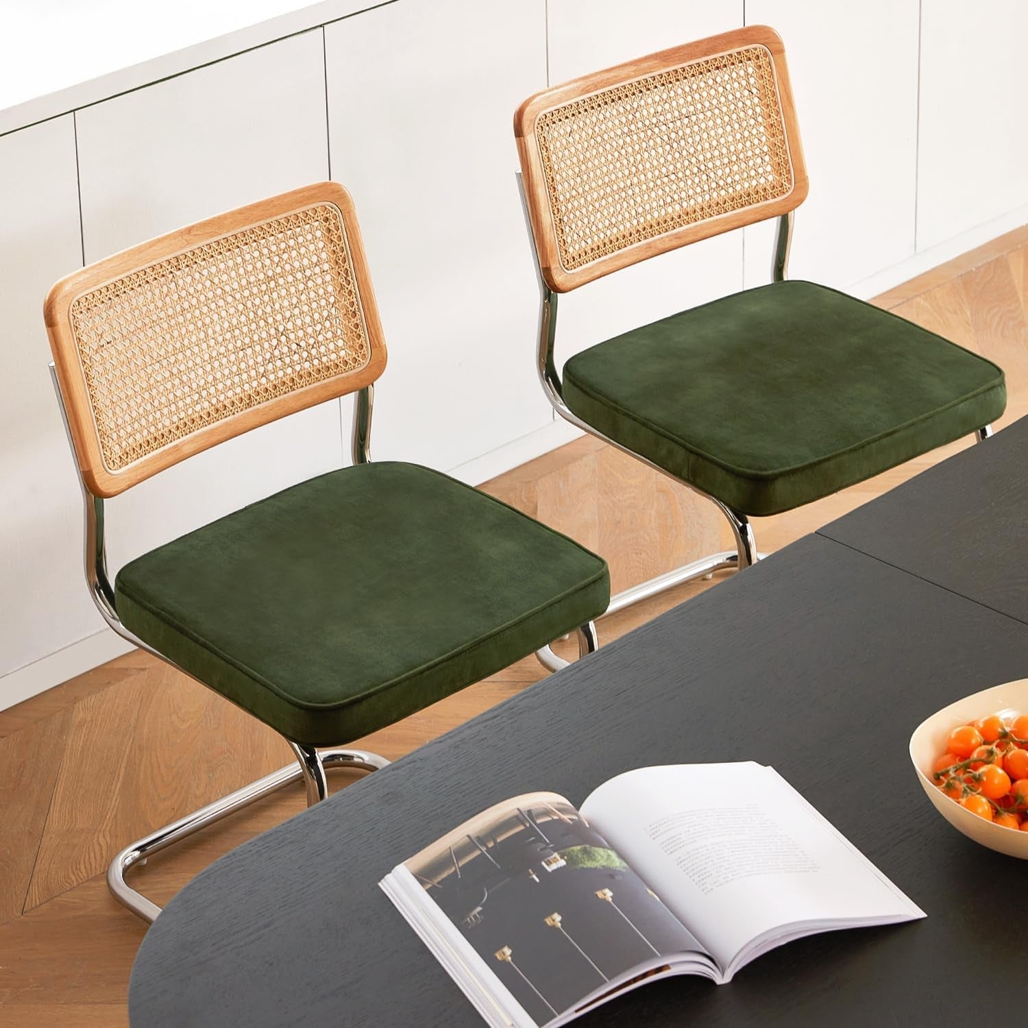 Green Rattan Dining Chairs FourPiece ChromeFinish Set