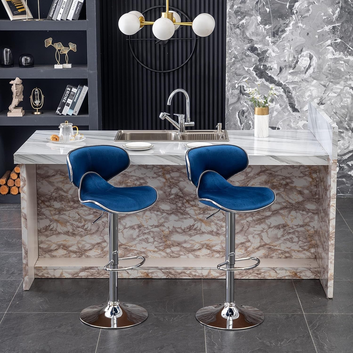 Blue Velvet Upholstered Adjustable Swivel Barstool Set Of 2