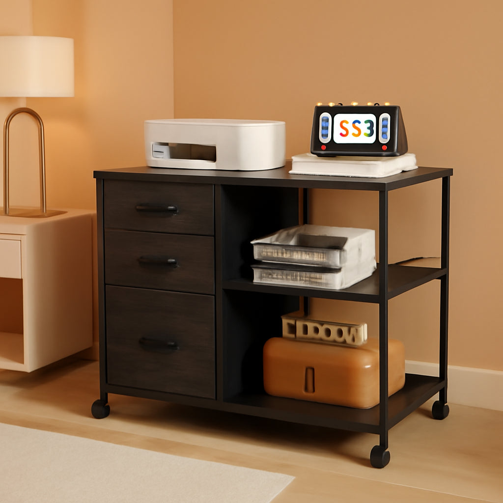 Three Drawer Mobile File Cabinet With Open Storage Shelf Charcoal Black Wood Grain