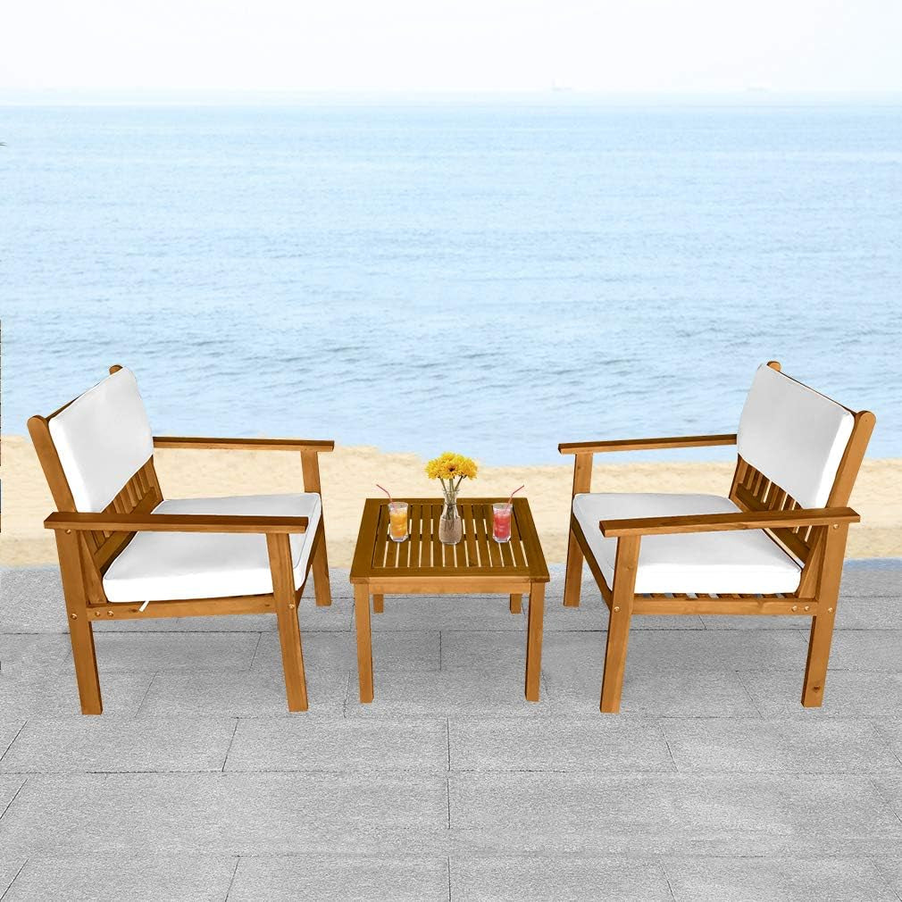 Acacia Wood 3 Piece Patio Bistro Set Cushions Coffee Table