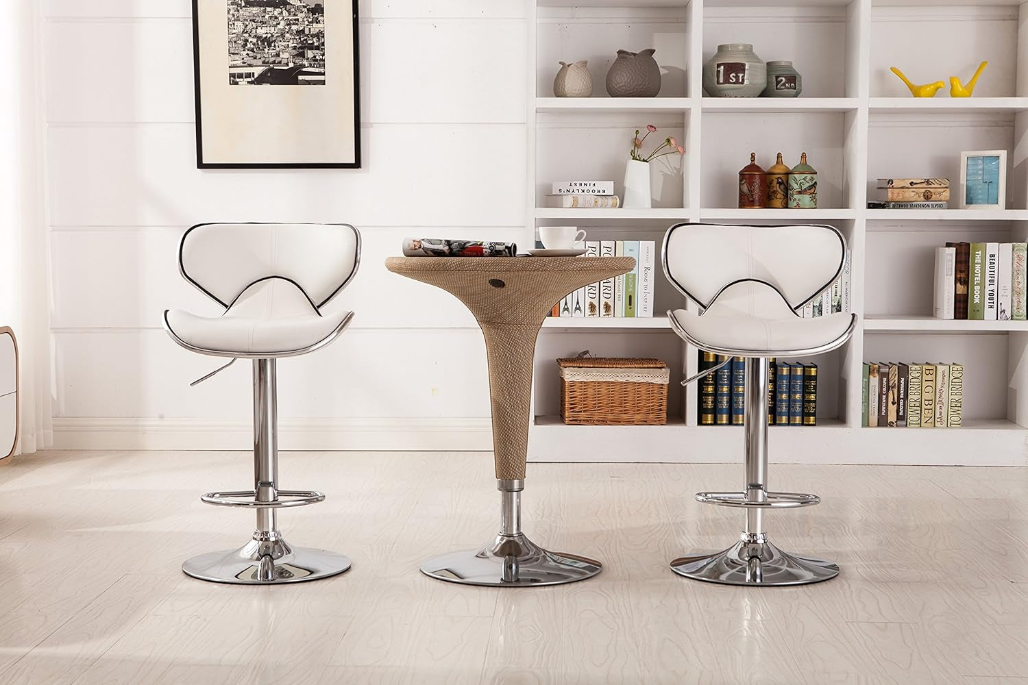 White Cushioned Leatherette Barstool Set Of 2 Adjustable Height Swivel