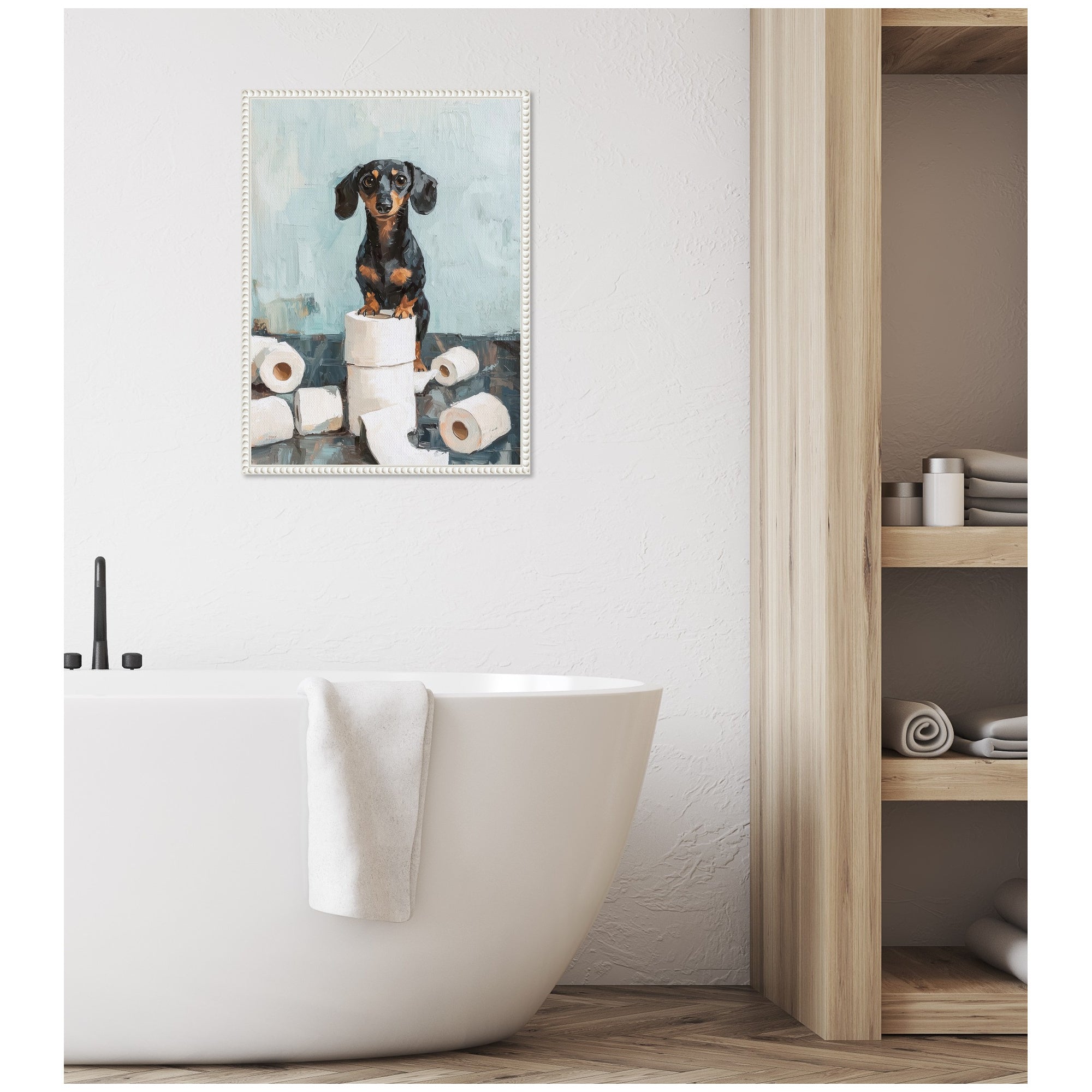 Sylvie Cute Dachshund Dog Toilet Paper Rolls Blue Teal Bathroom Art Framed Canvas by The Creative Bunch Studio