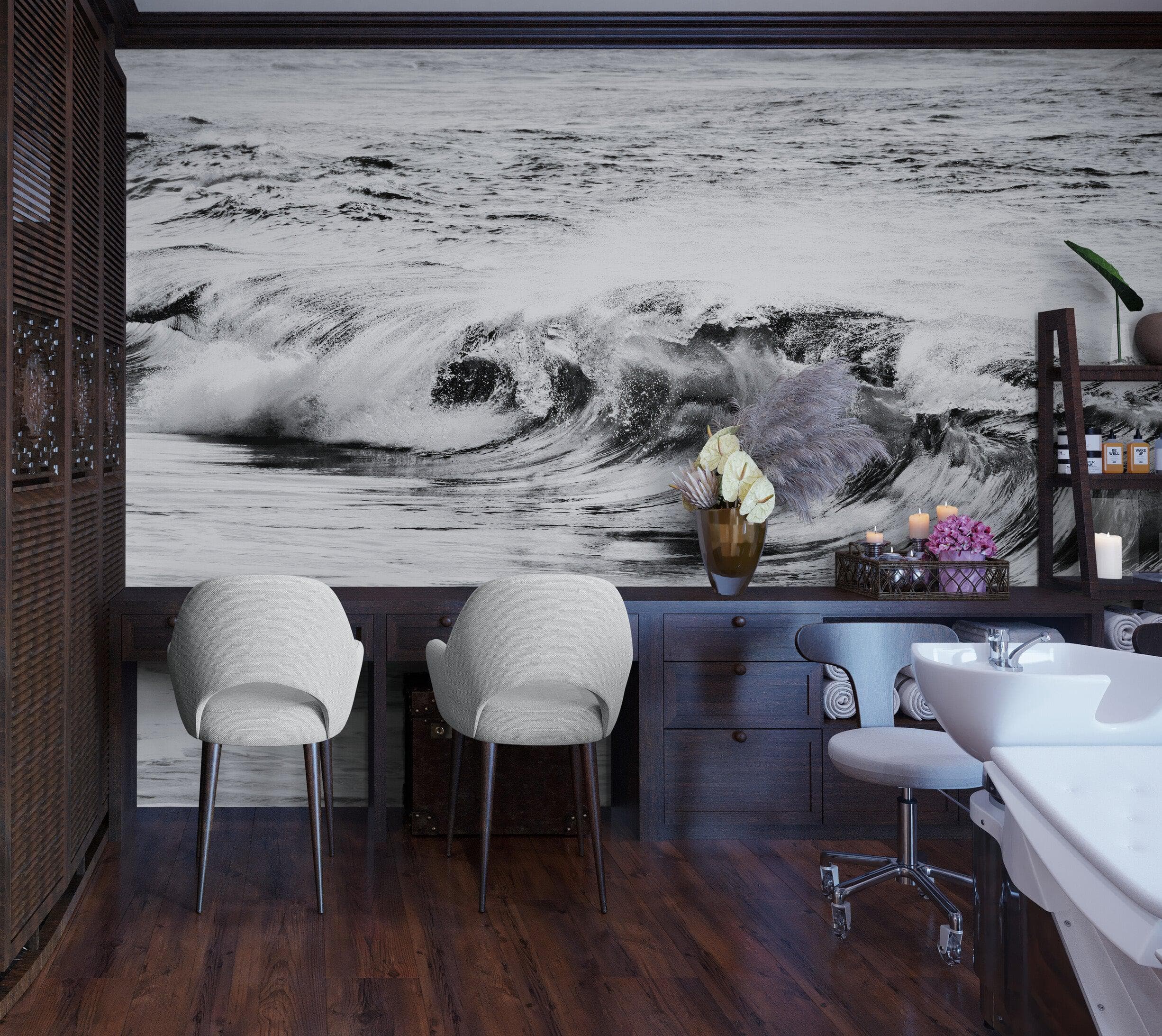 Ocean Wave Wallpaper. Black and White Surf Theme Wall Mural. #6709