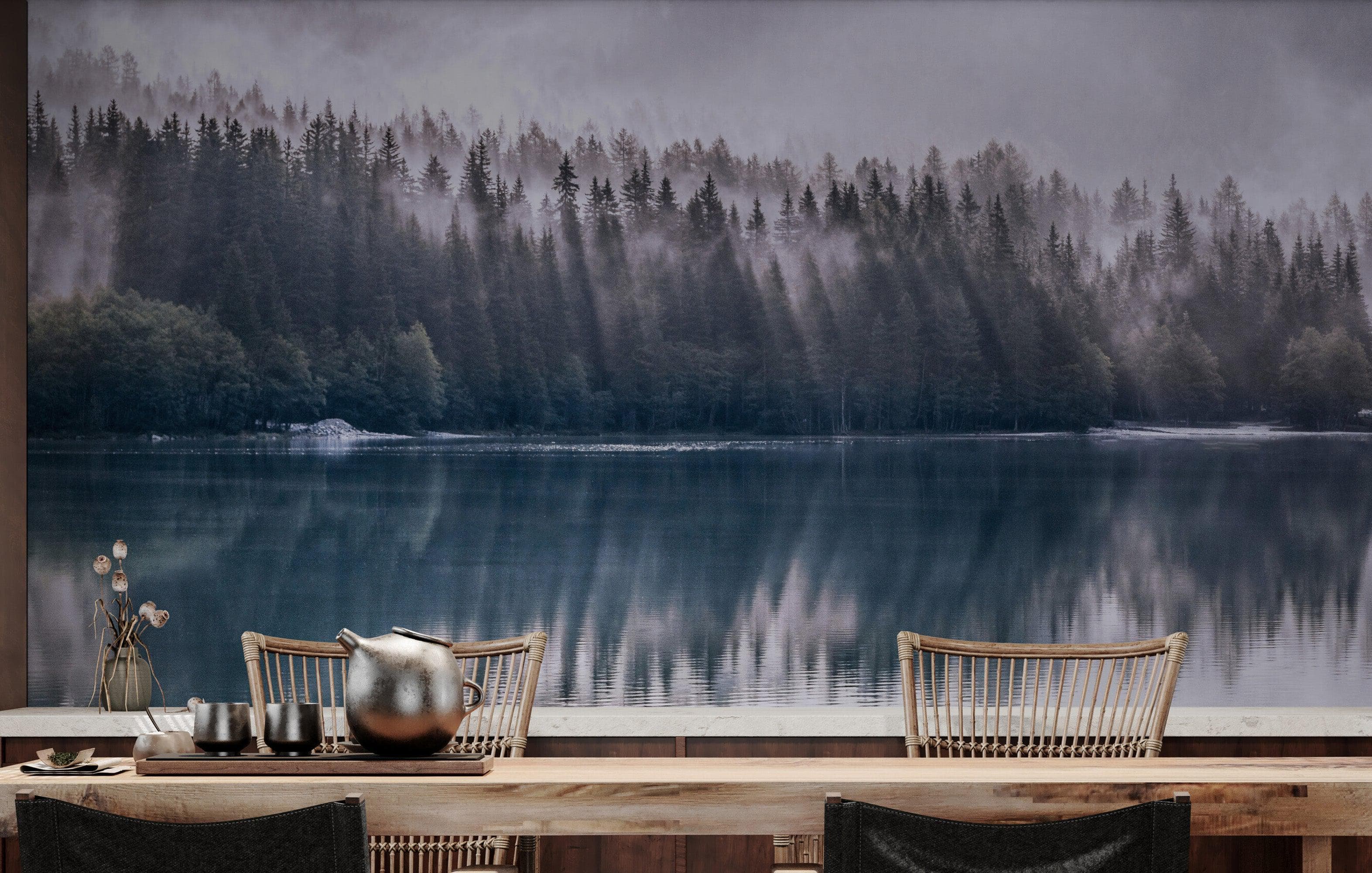 Pine Trees Forest Lake View Wall Mural Wallpaper. #6754