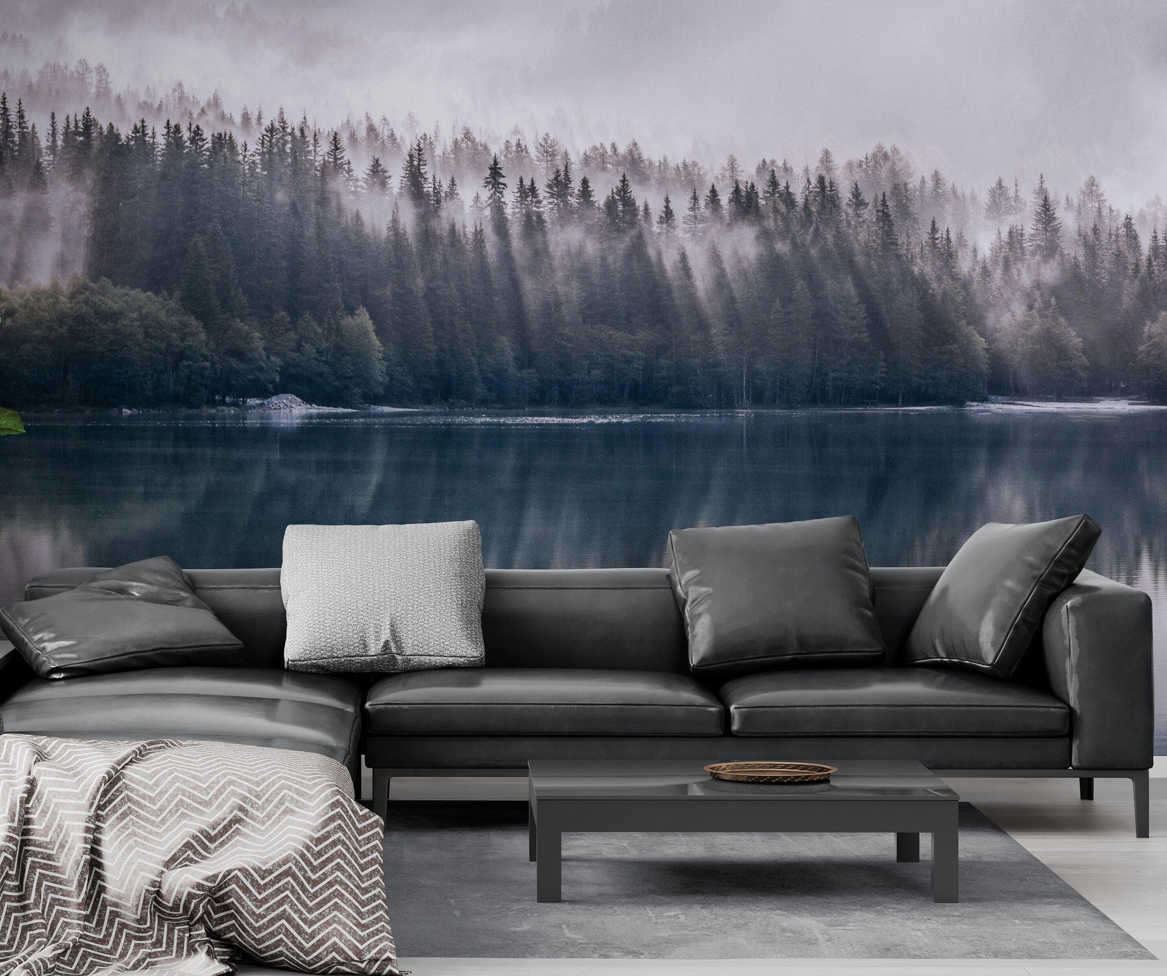 Pine Trees Forest Lake View Wall Mural Wallpaper. #6754