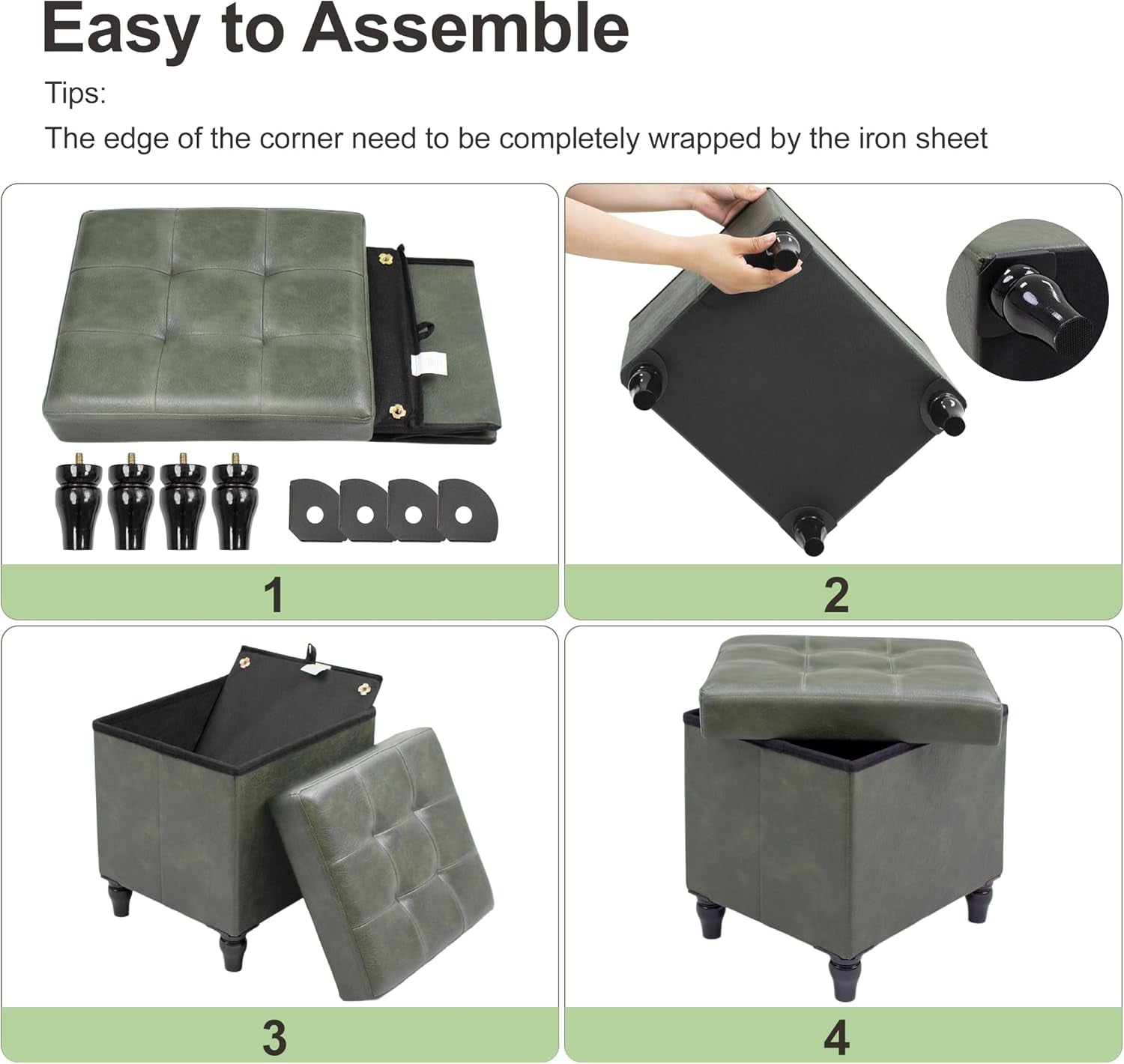 Green 15 Inch Storage Ottoman Bench for Living Room