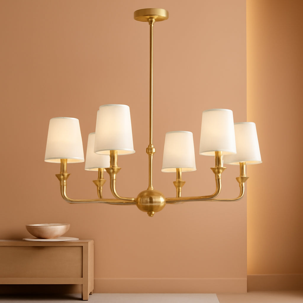 Six-Light Brushed Gold Pendant Chandelier Fabric Shades-0