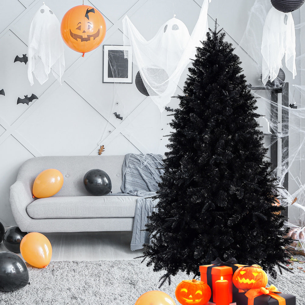 5 FT Black Christmas Tree with 250 White LED Lights | 1076-Tip PE+PVC Pre-Lit Artificial Tree for Halloween & Holiday Decor — Metal Stand Included