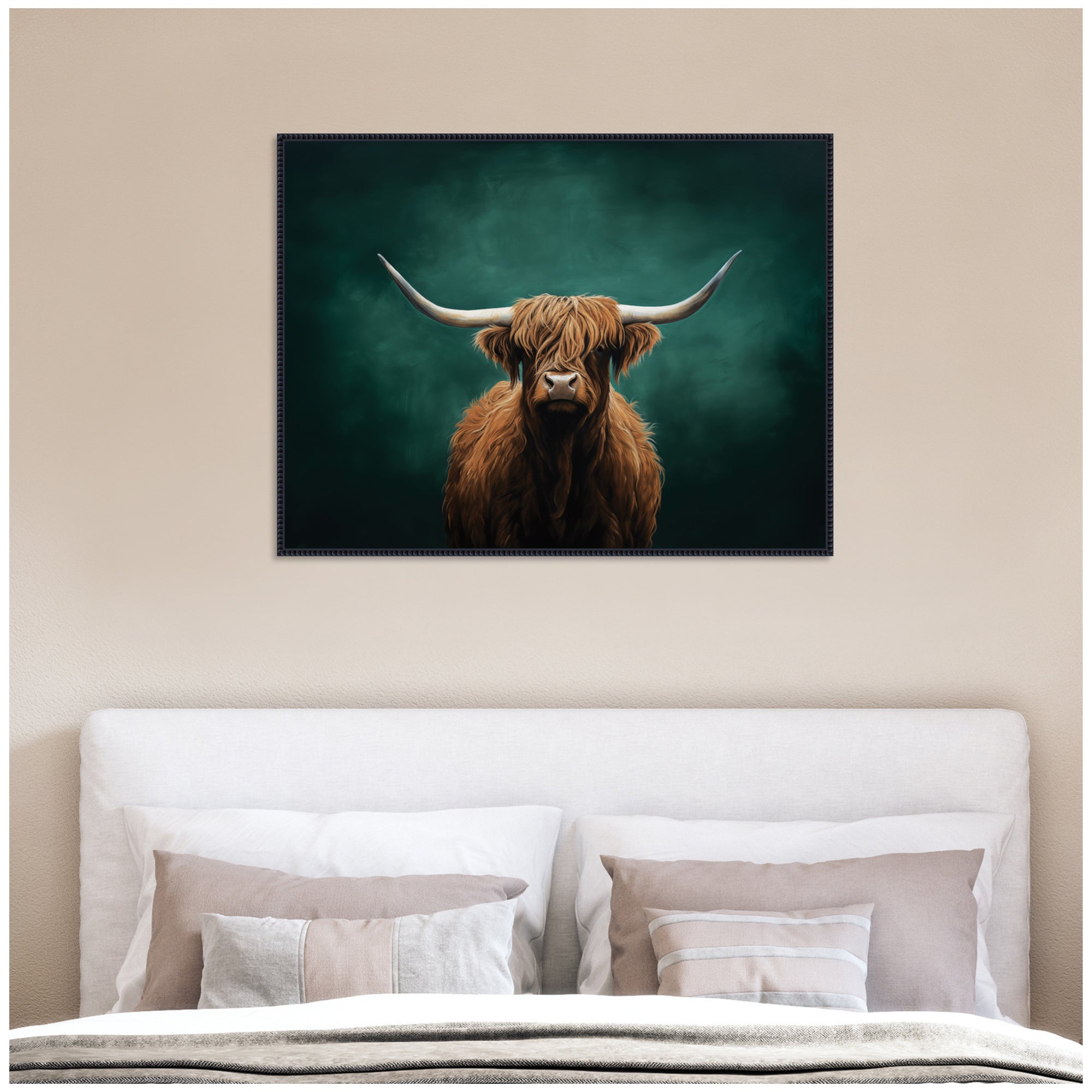 Highland Cow on Tonal Teal Green Abstract by The Creative Bunch Studio Framed Canvas Wall Art Print