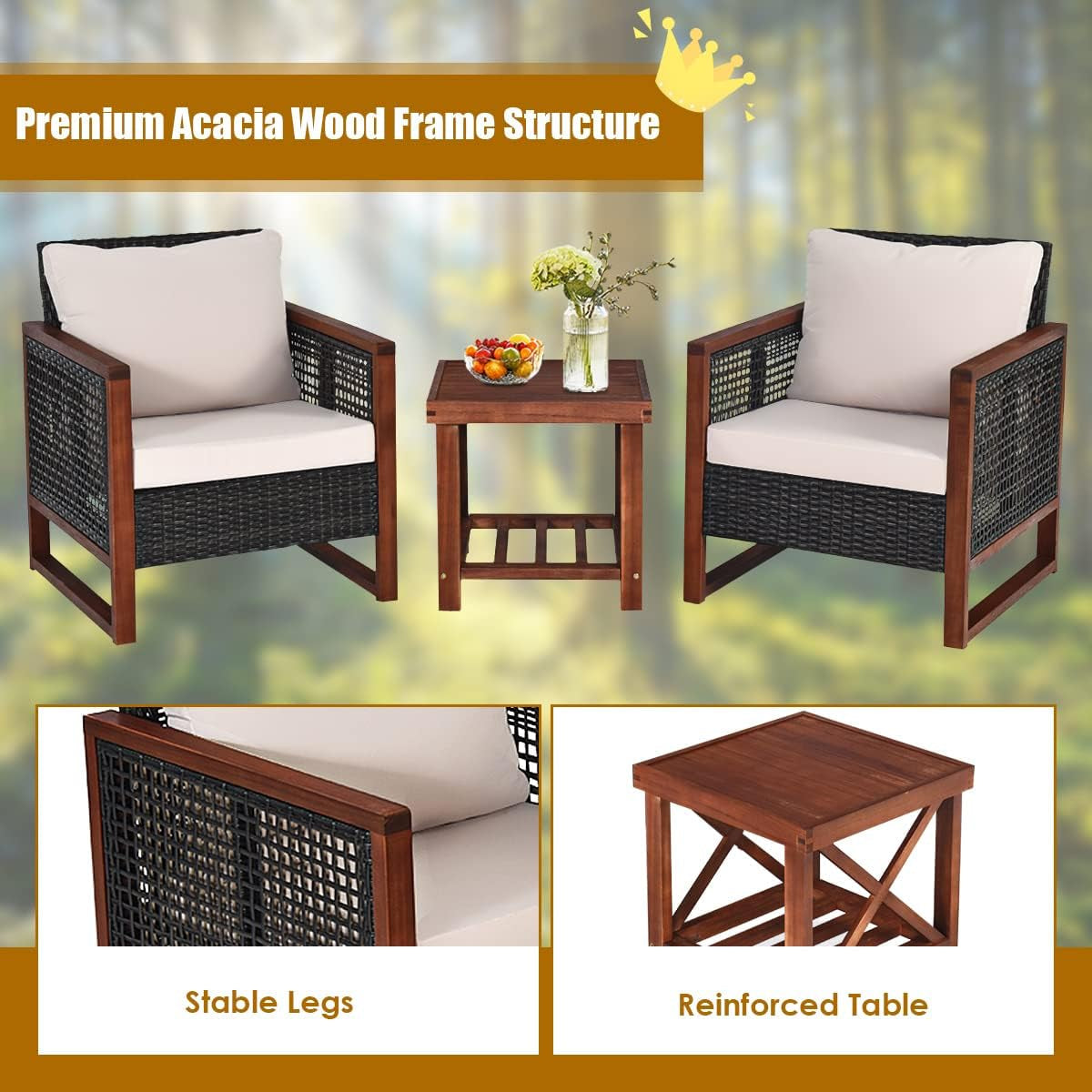 3 Piece Outdoor Patio Furniture Set With Wicker Chairs And Coffee Table Washable Cushions Acacia Wood Frame