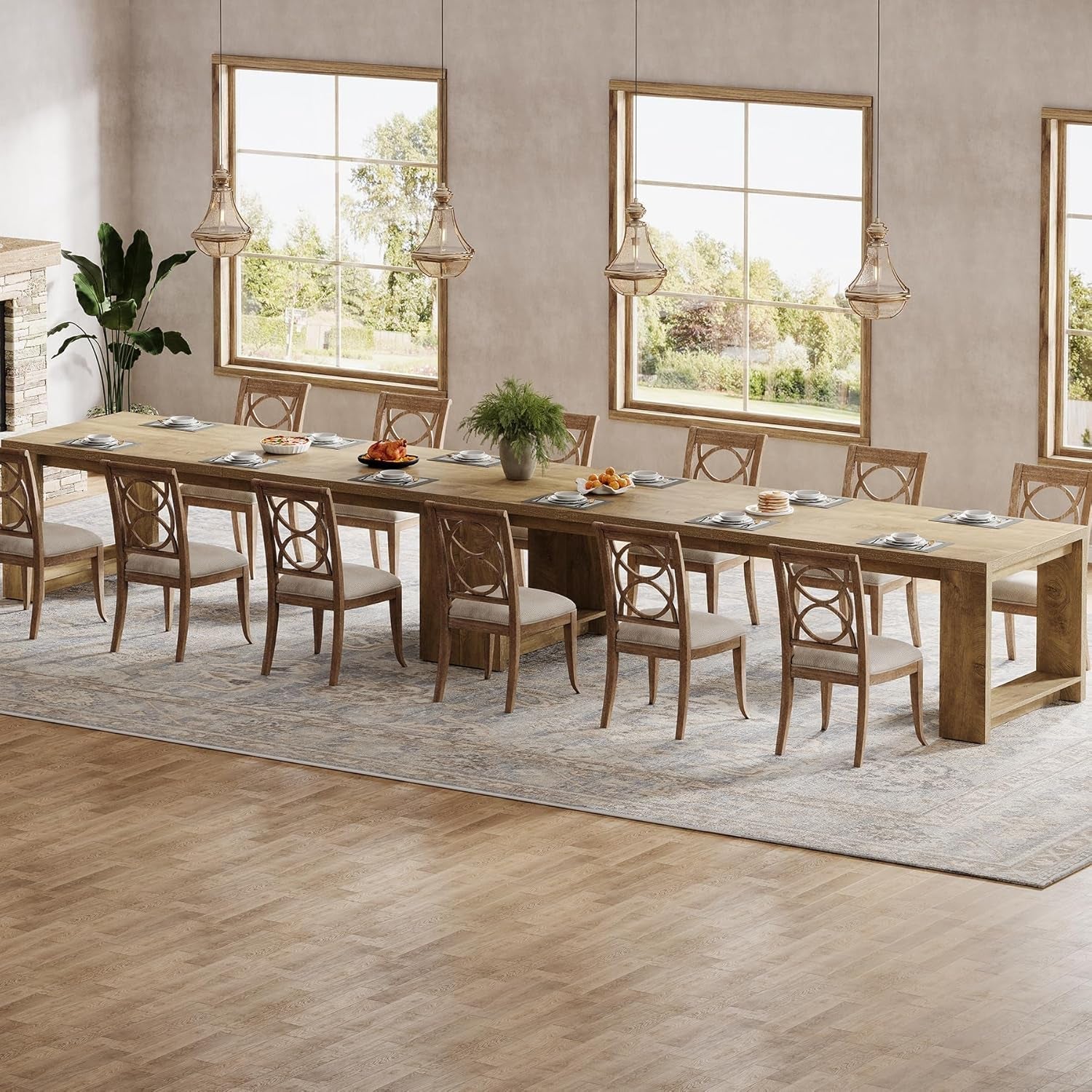 Oak 86 Inch Long Narrow Dining Table With Pedestal Base