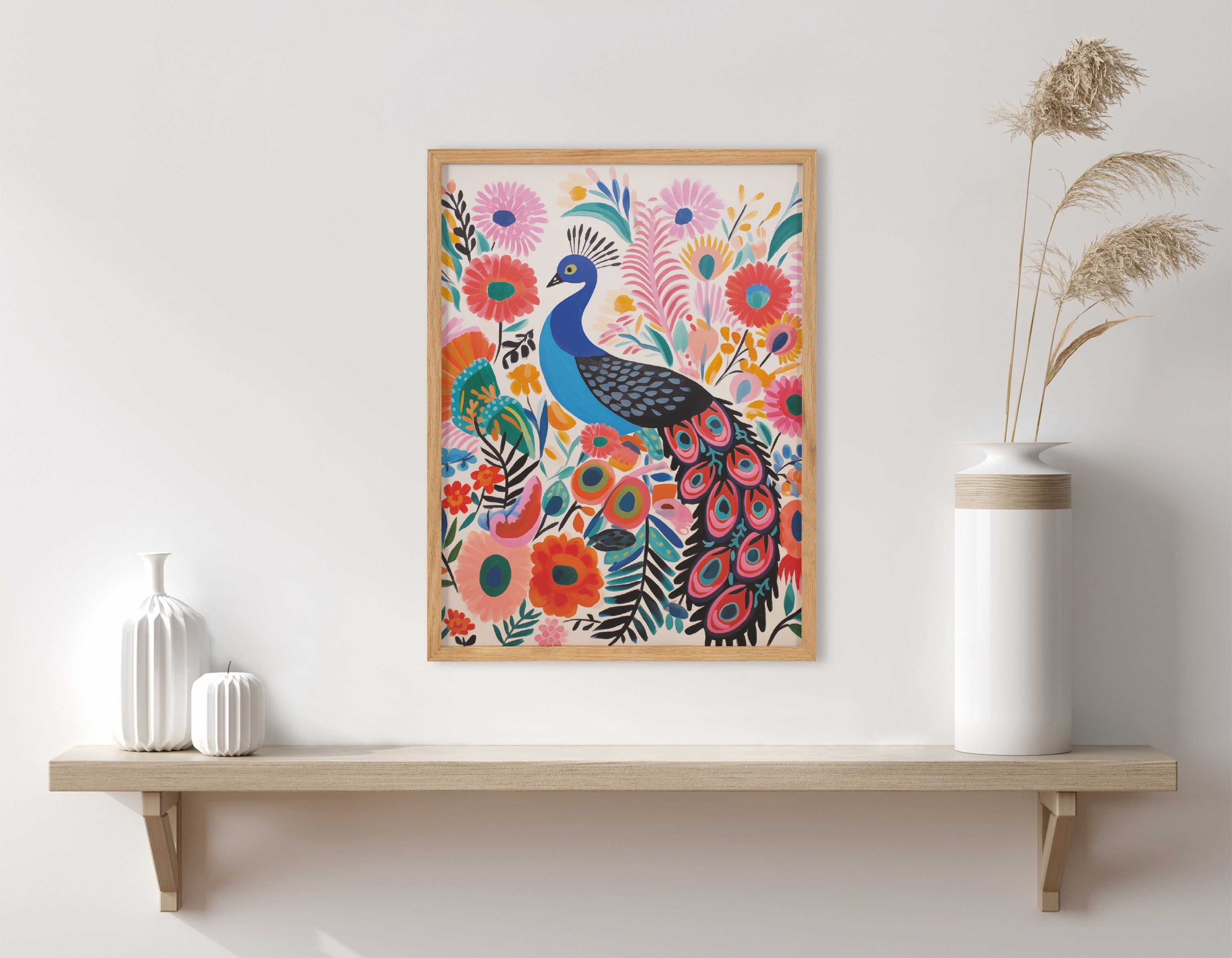 Gallery Bright Colorful Boho Peacock and Botanicals Print by The Creative Bunch Studio