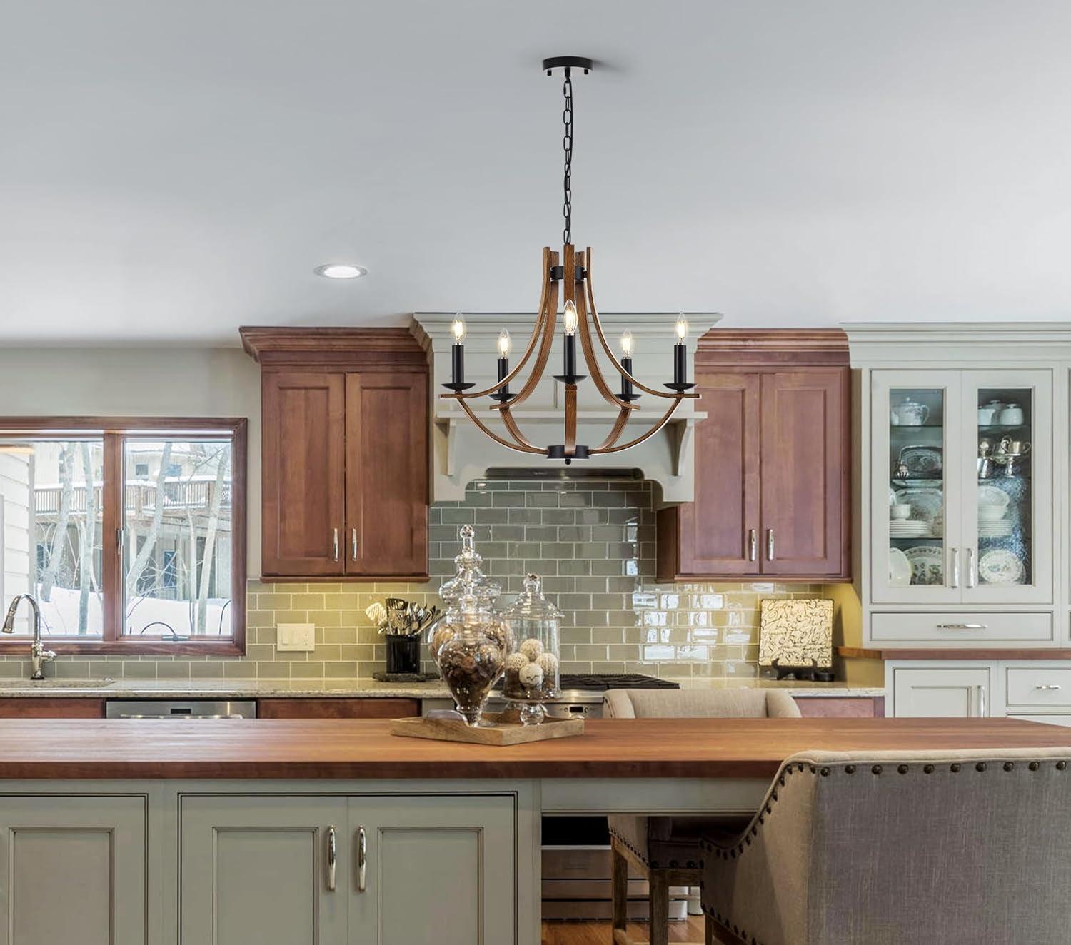 22 Inch Farmhouse Wooden Chandelier 5 Lights Black Finish-4