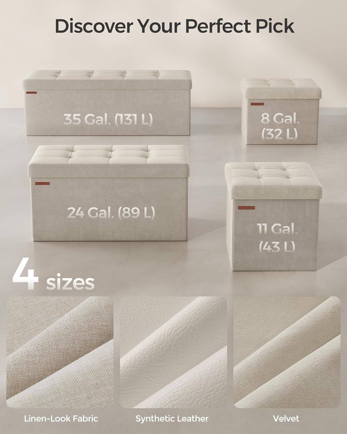 Cream White Storage Ottoman Bench Foldable 15x43x15