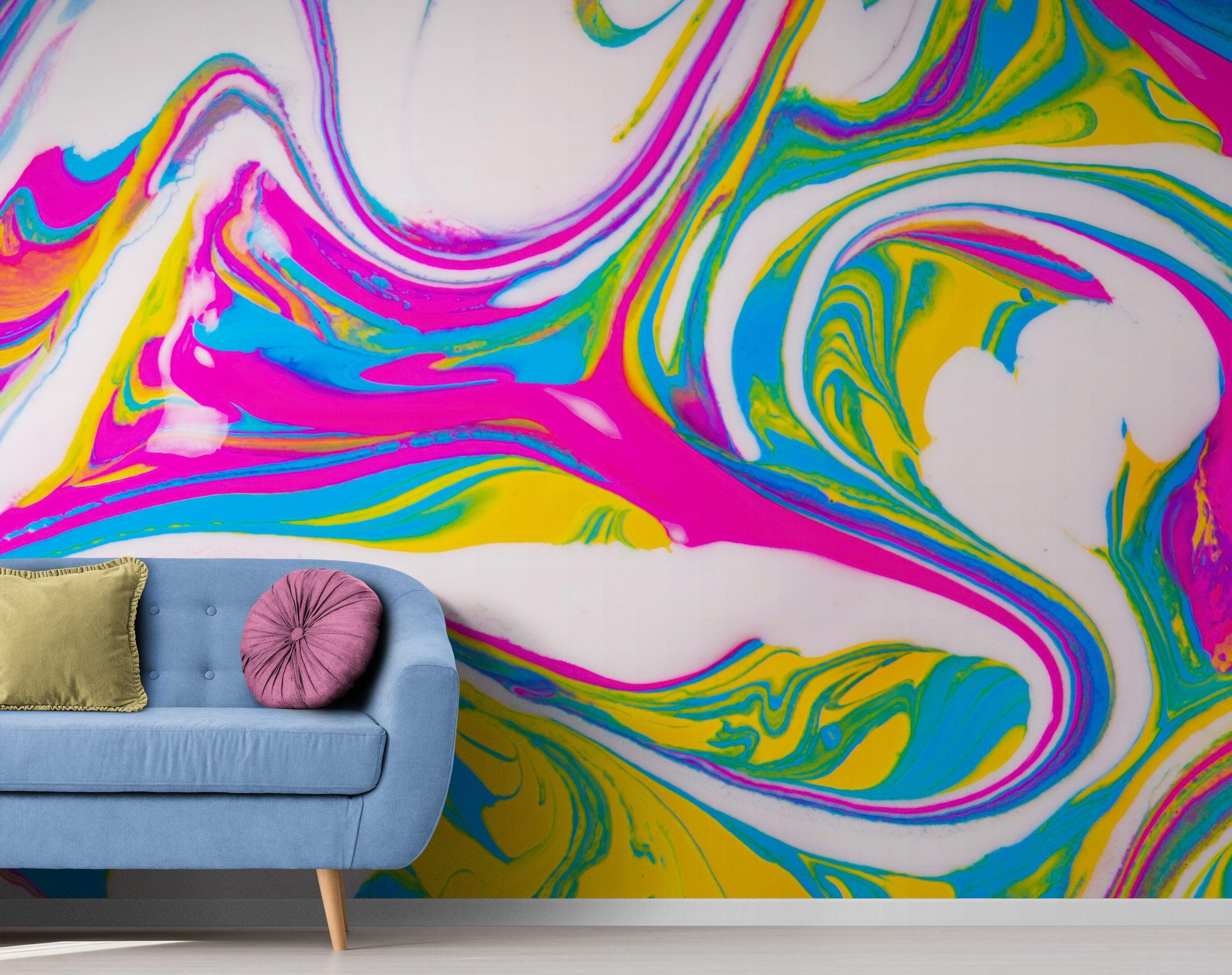 Vibrant Neon Ink Swirl Wallpaper. Abstract Pink, Yellow & Blue Colors. #6980
