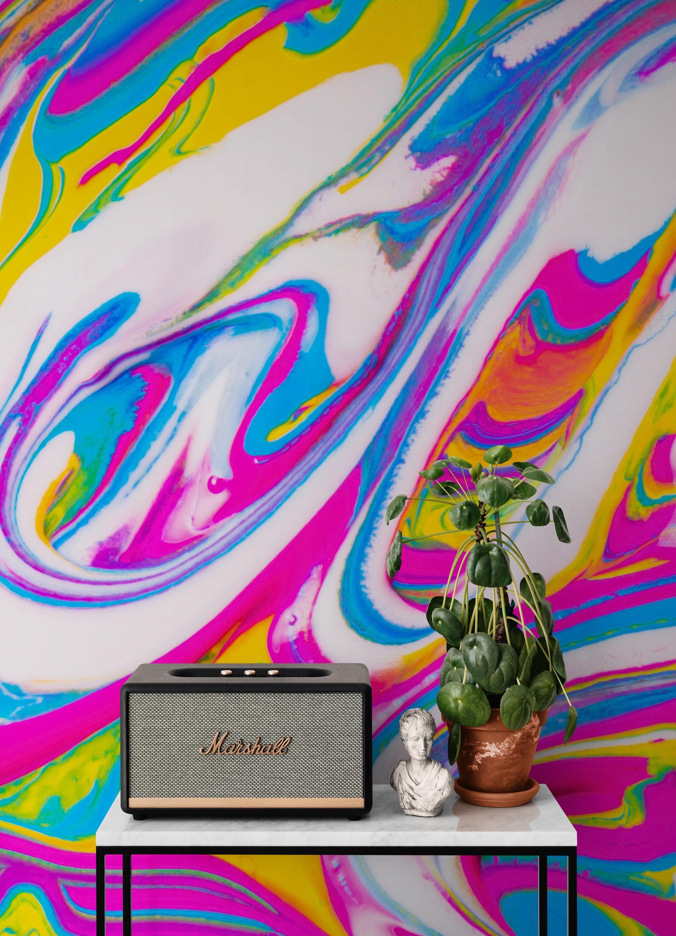 Vibrant Neon Ink Swirl Wallpaper. Abstract Pink, Yellow & Blue Colors. #6980