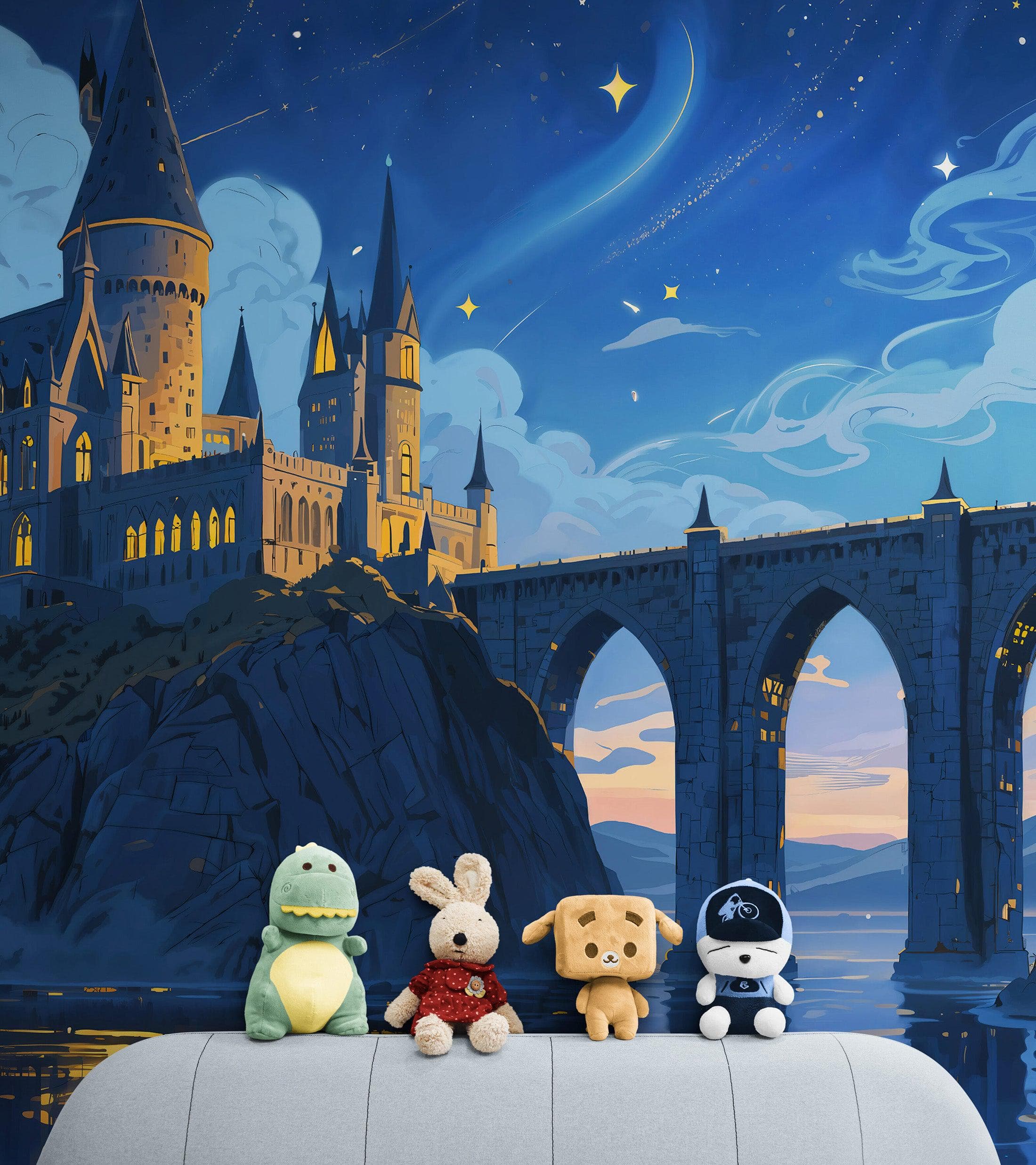 Magical Hogwarts Castle Twilight Wallpaper Mural. Wizardly World Fantasy Theme Wall Art. #6985