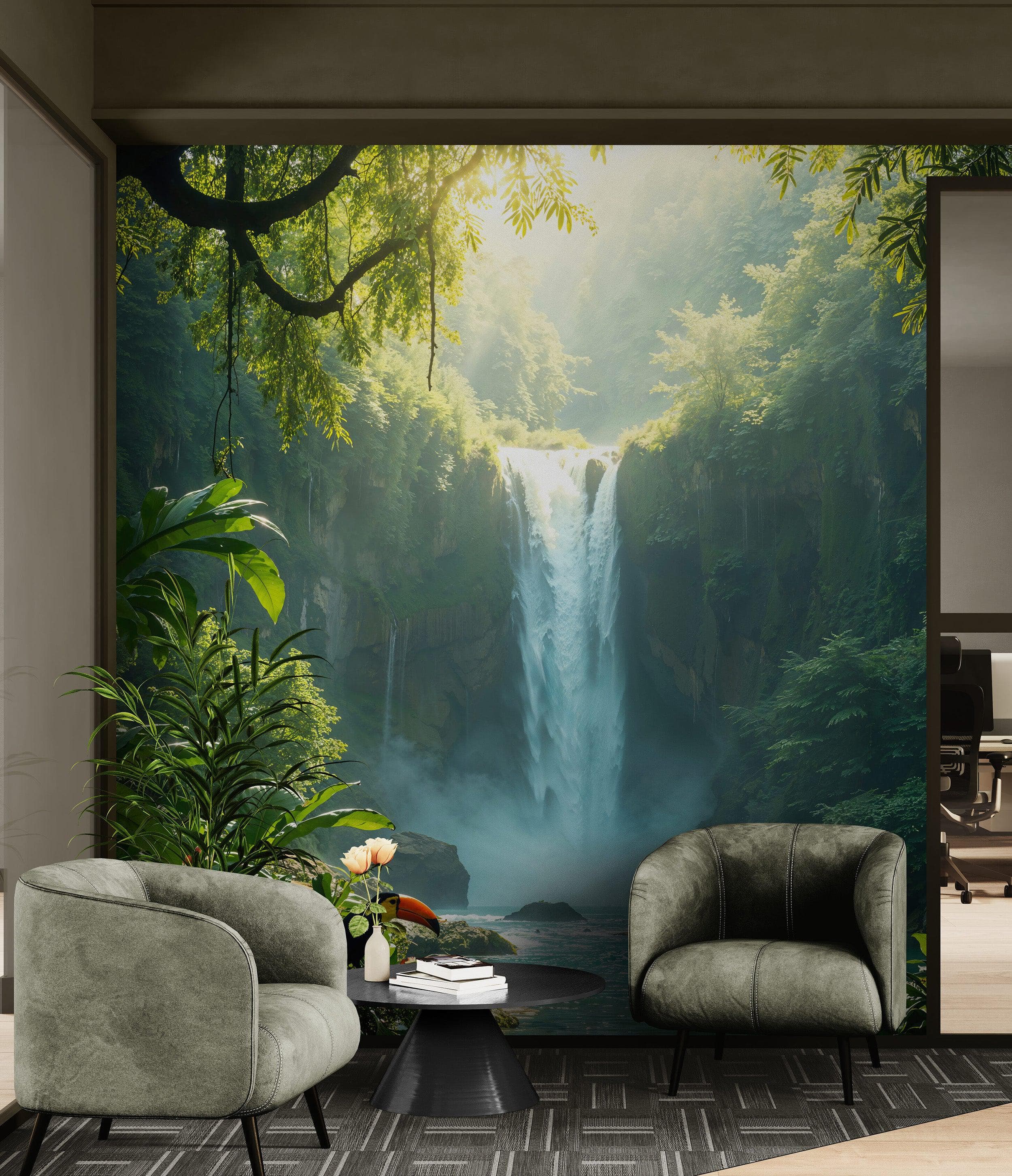 Tropical Rainforest Waterfall Wallpaper Wall Mural. #6987