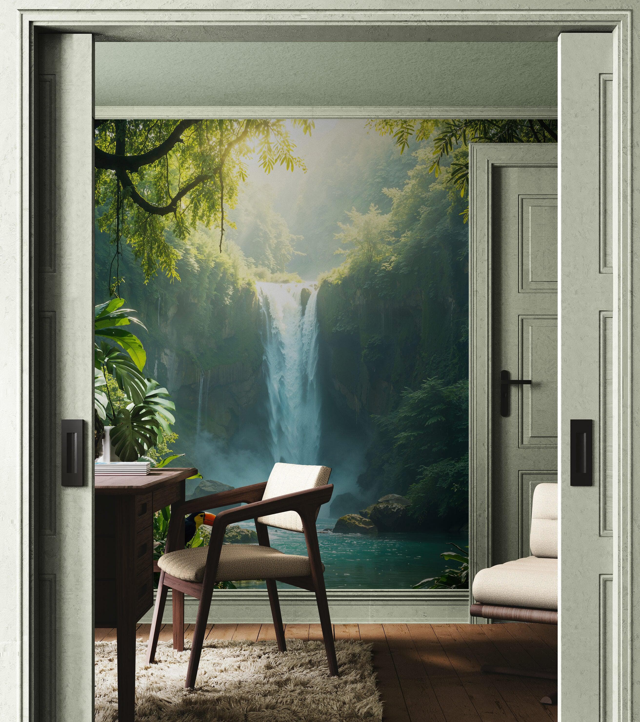 Tropical Rainforest Waterfall Wallpaper Wall Mural. #6987