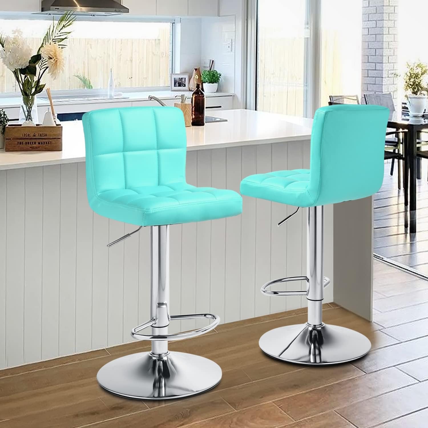 Adjustable Swivel Bar Stools Set of Two Cyan