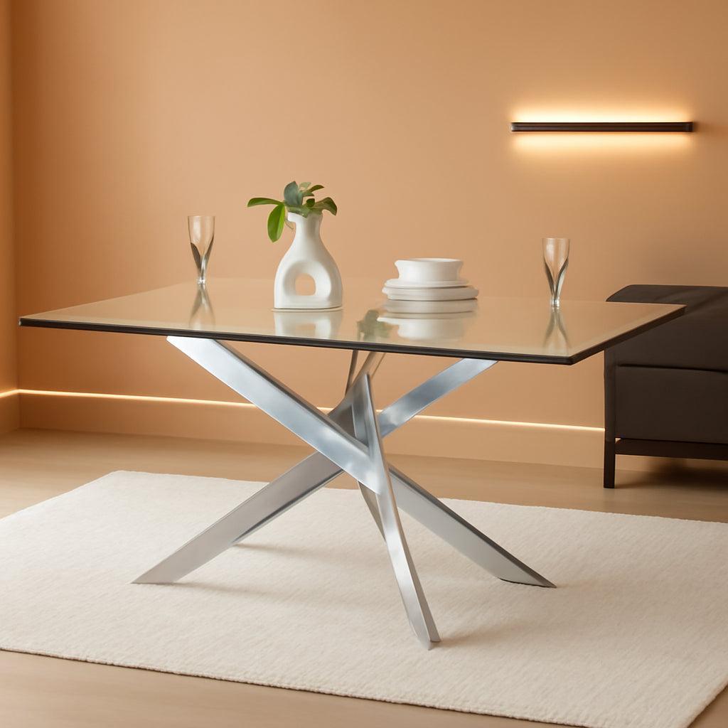 58.5 Inch Rectangular Glass Dining Table With Silver Finish