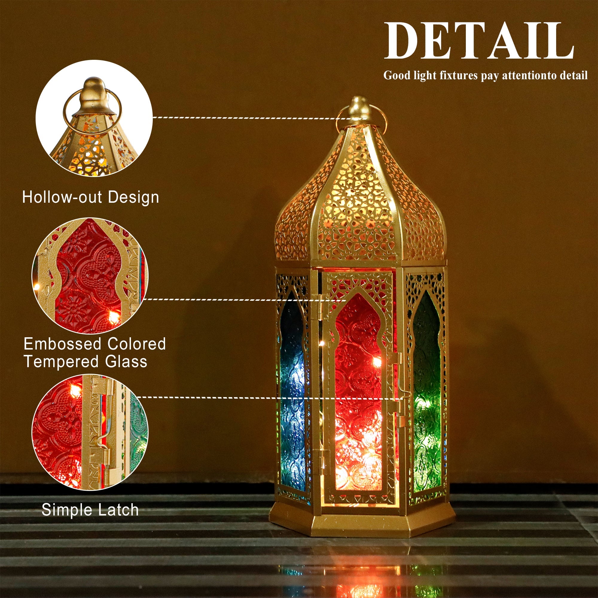 Moroccan Lantern – 12'' Gold Hexagonal, Tempered Glass & Hollow-Out Design, Indoor/Outdoor Decor for Ramadan, Garden, Weddings & Events-1