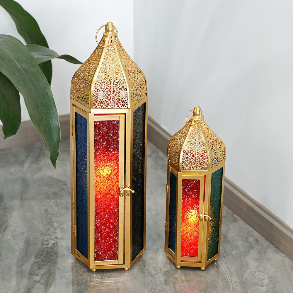 Set of 2 Decorative Ramadan Candle Lanterns - Metal, Tempered Glass, Hanging Tealight, Moroccan Style, Indoor/Outdoor Party Decor-4