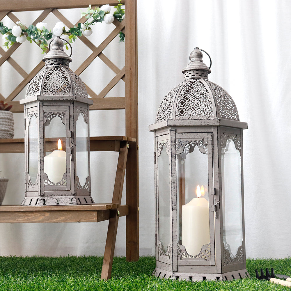 22"&17" H Outdoor Vintage Metal Candle Lanterns(Grey with Black Brush)-4