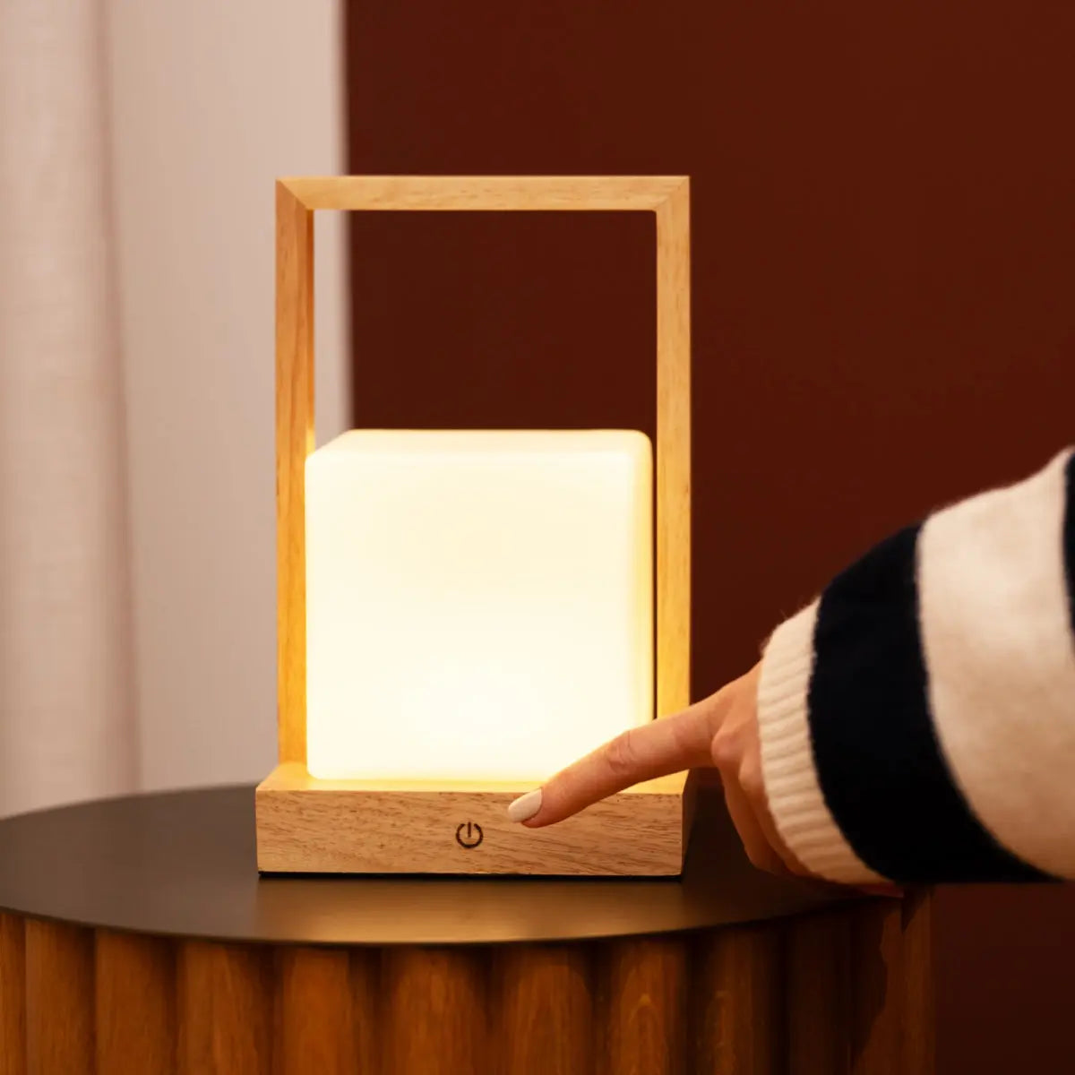 Noah Light Brown Rechargeable Table Lamp With Glass and Wooden Handle-0