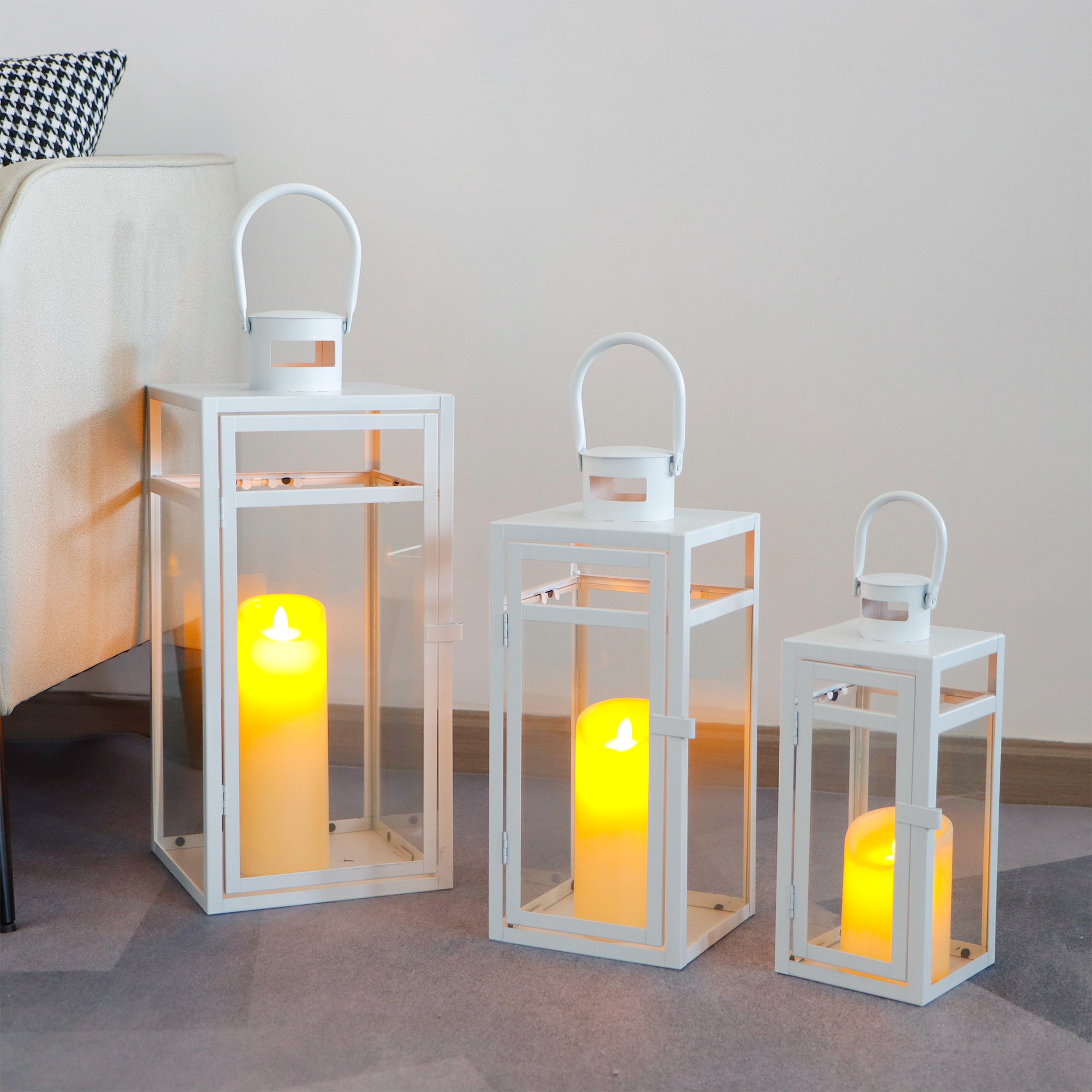 Metal Candle Lantern Set (3pcs, 12/15/19"): Tall Hanging, Tempered Panels, White (Indoor/Outdoor)-2