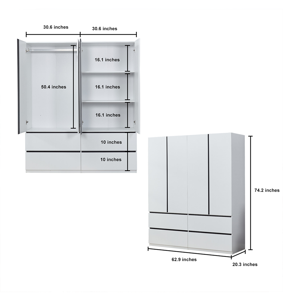 74.2" H White 4-Door Wardrobe Closet – Modern Wood Armoire with Black Accents & Hanging Rod