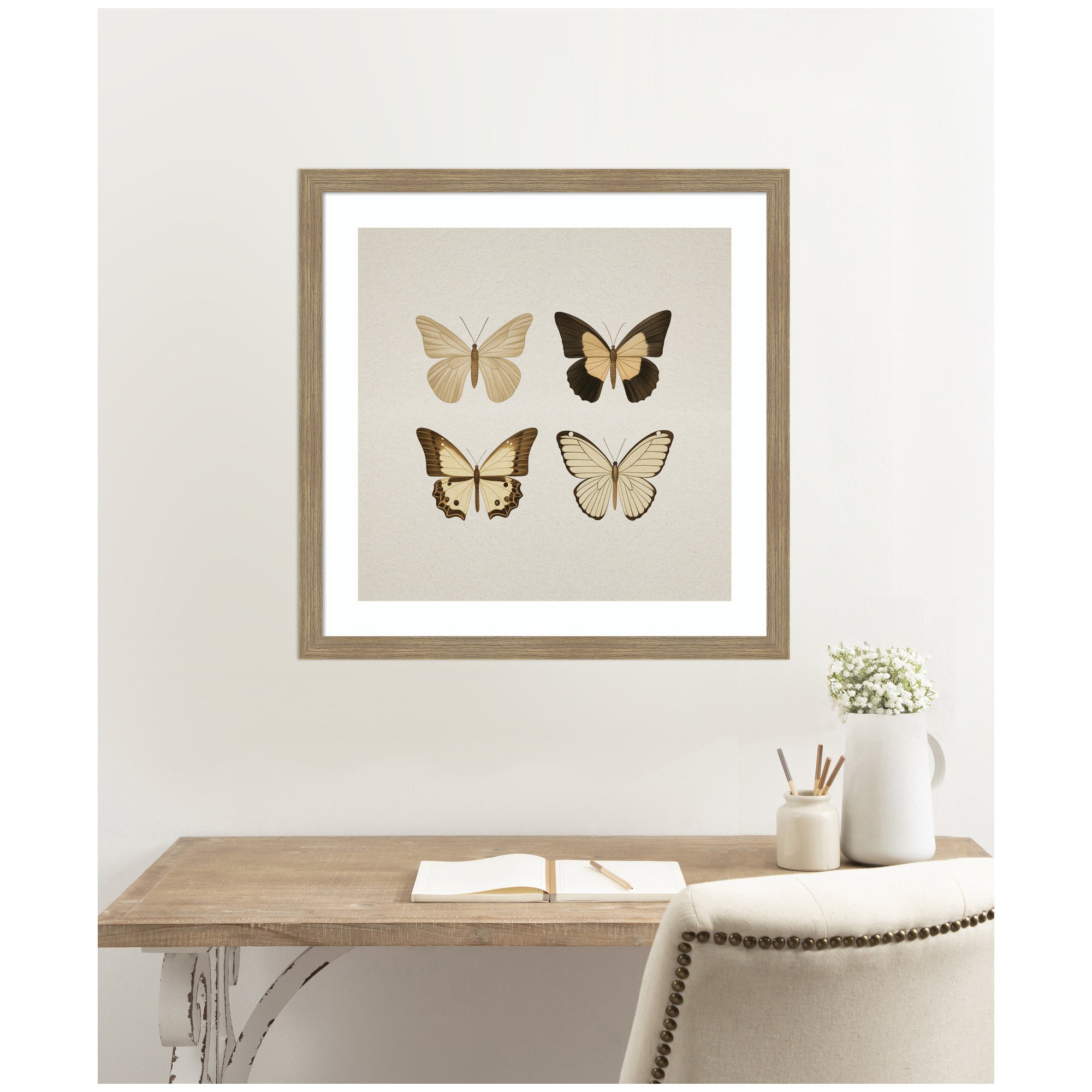 Framed Art Vintage Style Butterflies in Neutral Tones by The Creative Bunch Studio