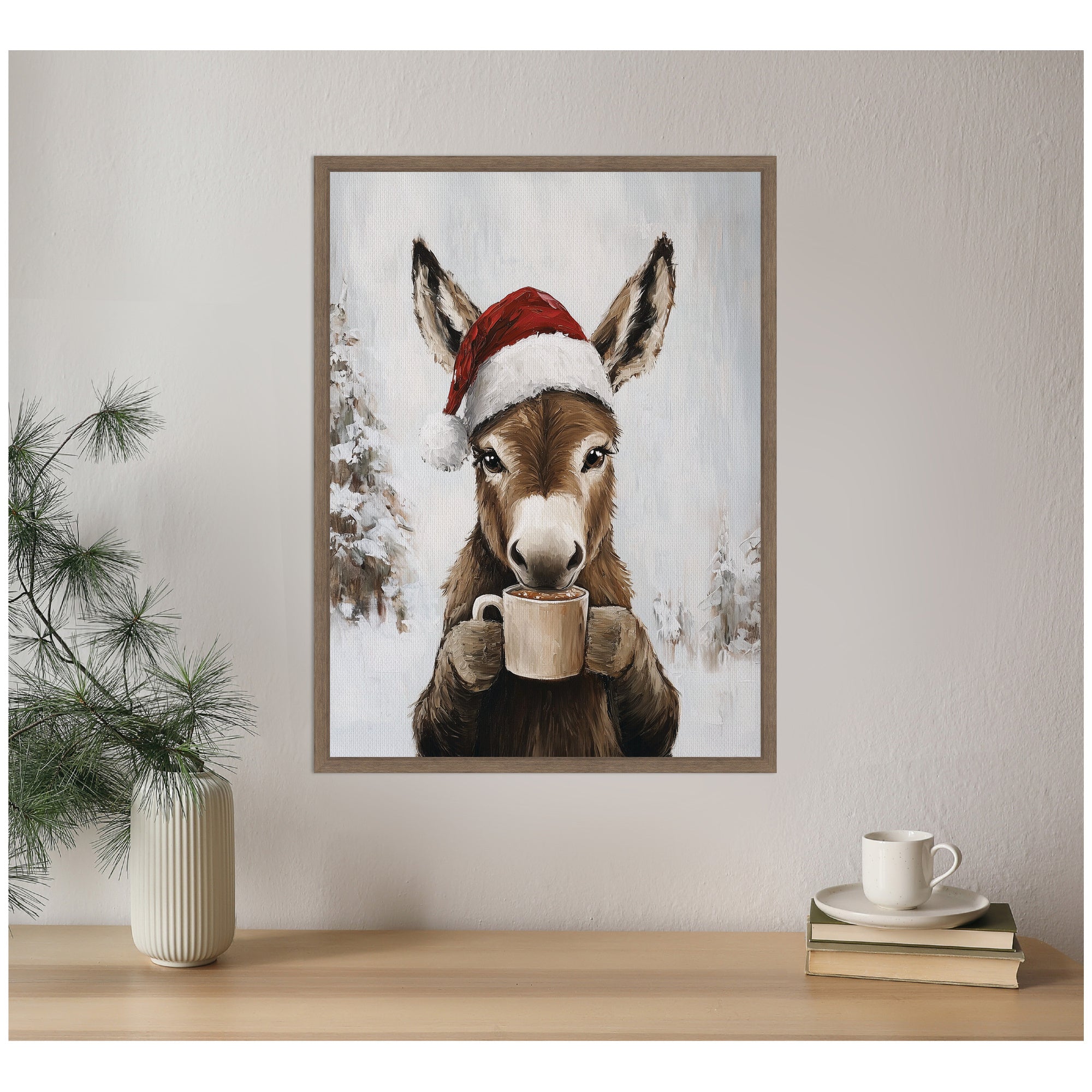 Sylvie Framed Canvas Donkey Winter Hot Cocoa by The Creative Bunch Studio