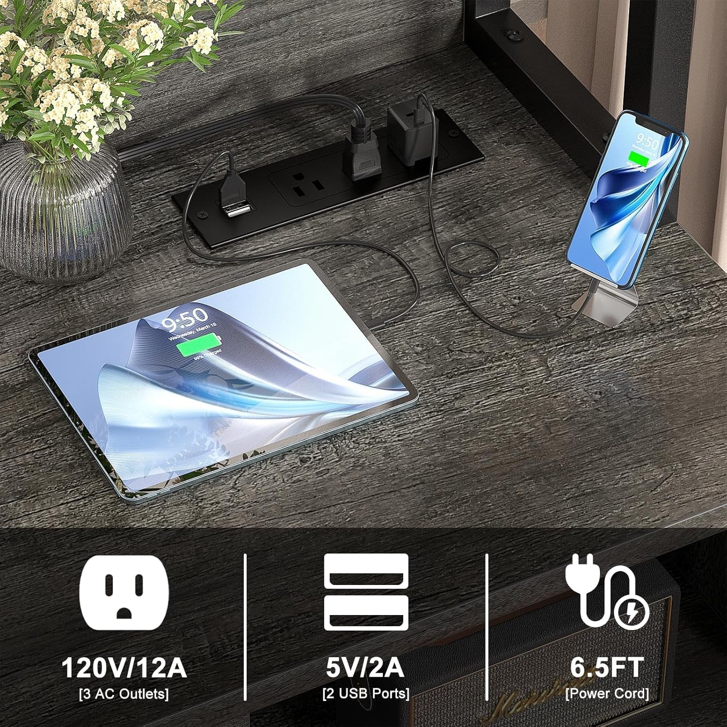 Grey File Cabinet With Charging Station And Locking Drawer